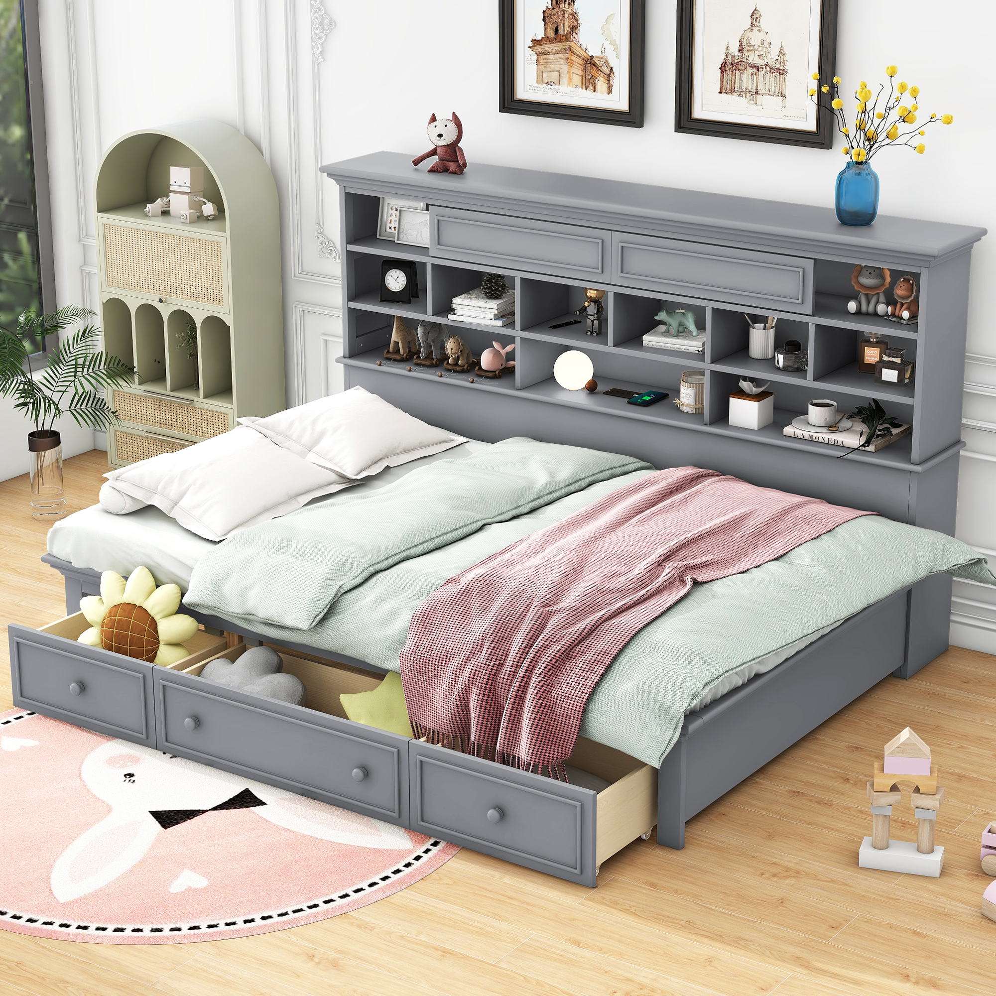 Twin Size Wood Daybed with Multi-Storage Shelves, Charging Station and 3 Drawers, Antique White/Gray