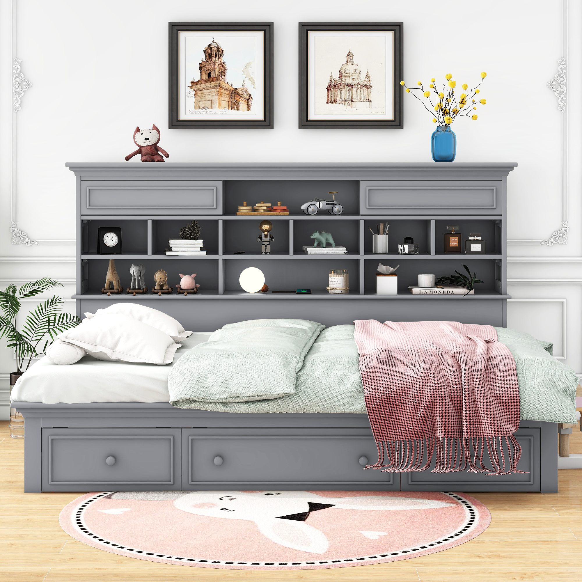 Twin Size Wood Daybed with Multi-Storage Shelves, Charging Station and 3 Drawers, Antique White/Gray