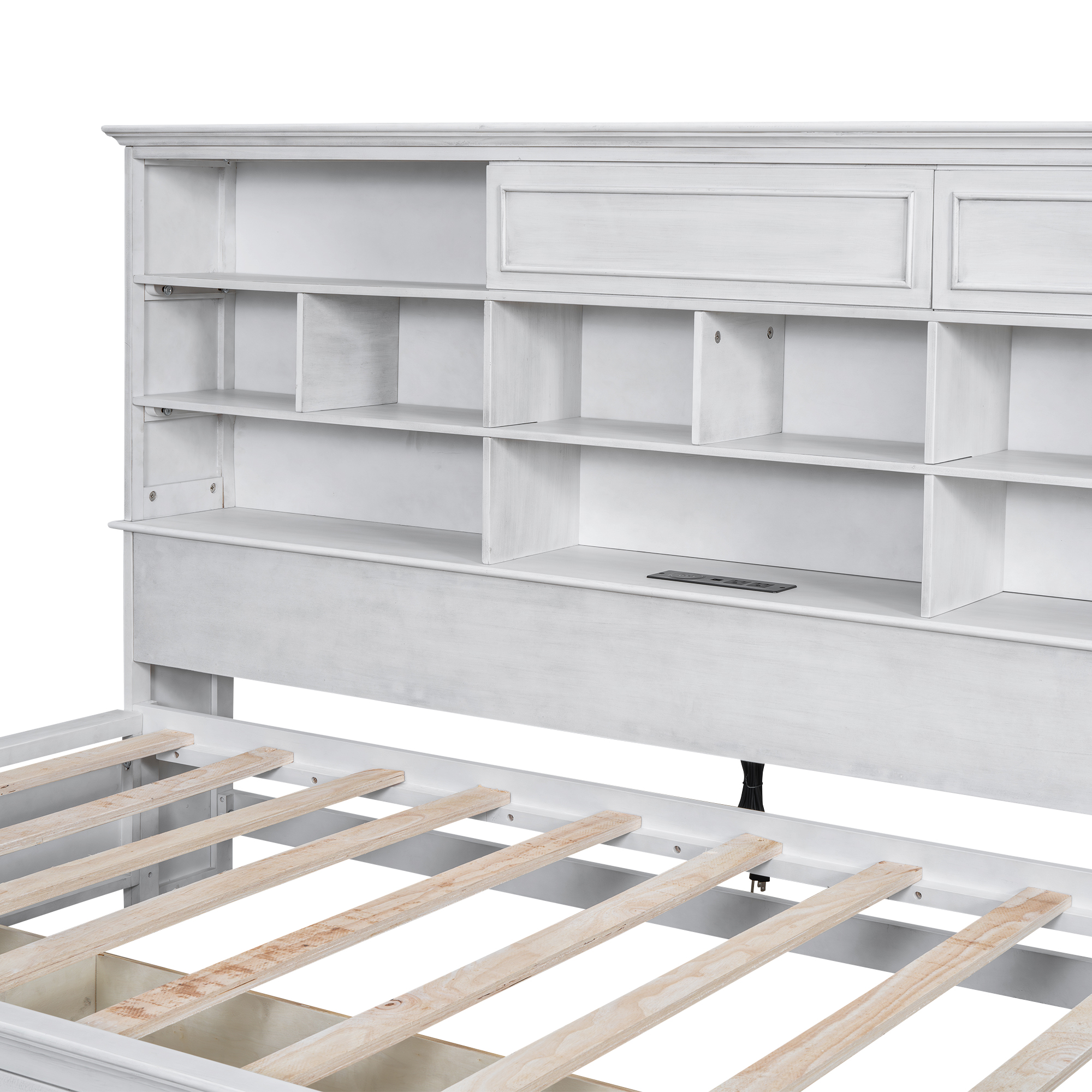 Twin Size Wood Daybed with Multi-Storage Shelves, Charging Station and 3 Drawers, Antique White/Gray