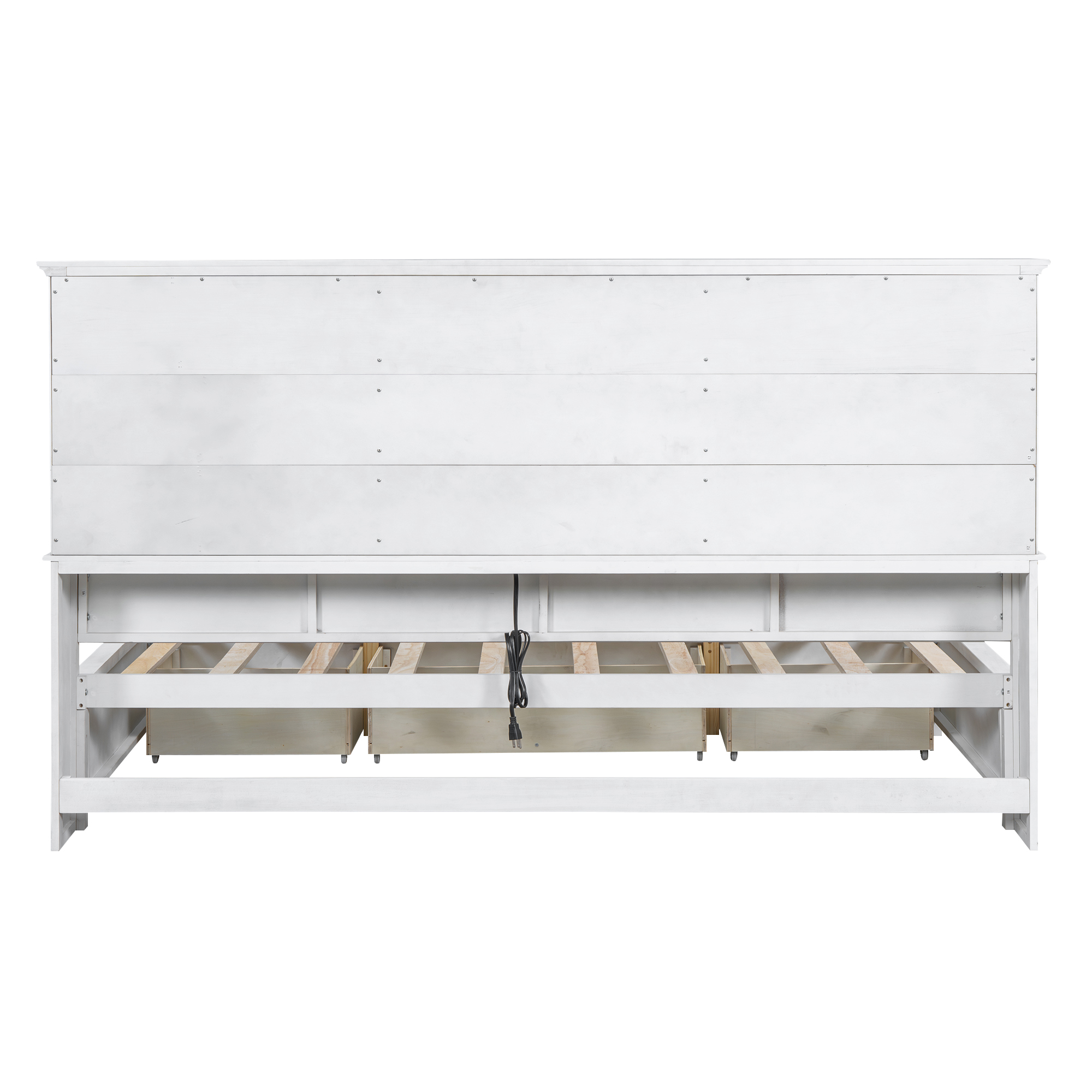 Twin Size Wood Daybed with Multi-Storage Shelves, Charging Station and 3 Drawers, Antique White/Gray