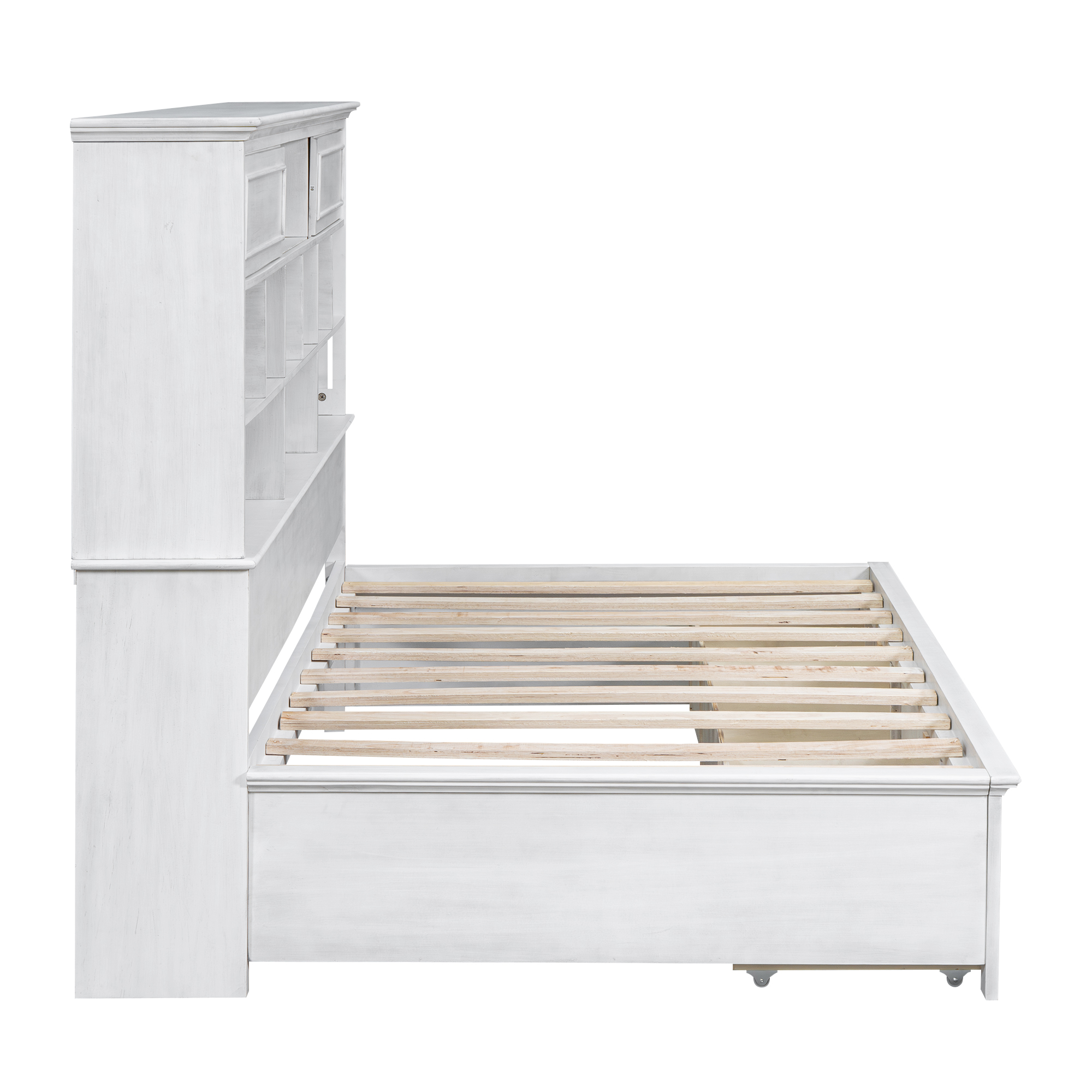 Twin Size Wood Daybed with Multi-Storage Shelves, Charging Station and 3 Drawers, Antique White/Gray