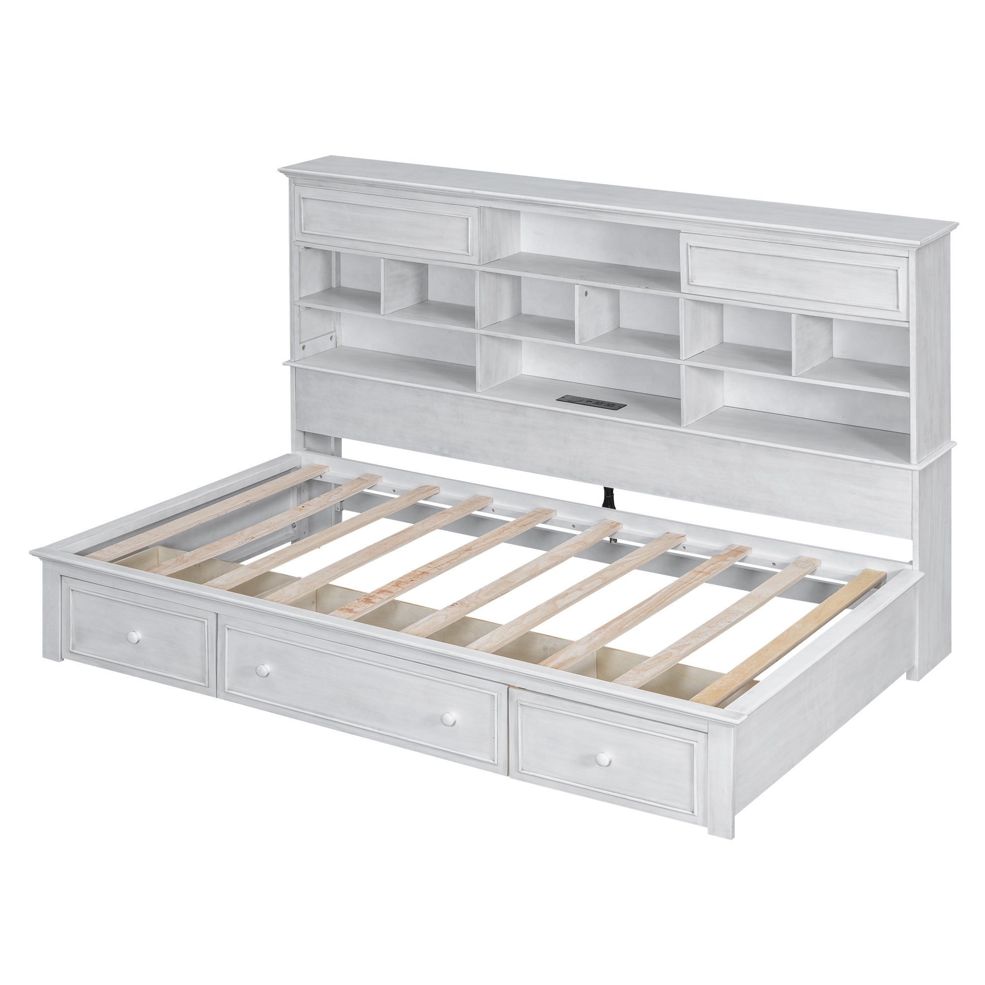 Twin Size Wood Daybed with Multi-Storage Shelves, Charging Station and 3 Drawers, Antique White/Gray