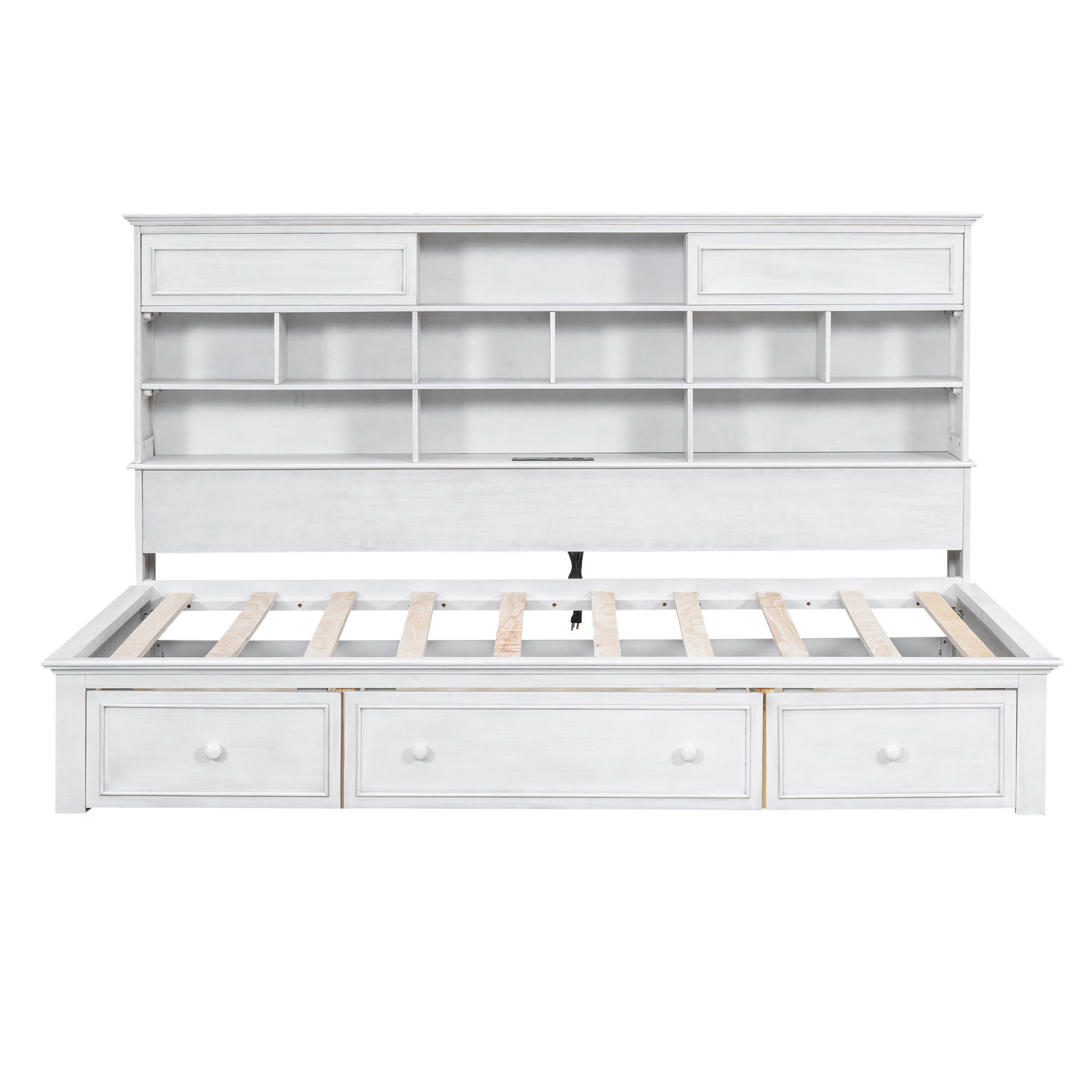 Twin Size Wood Daybed with Multi-Storage Shelves, Charging Station and 3 Drawers, Antique White/Gray