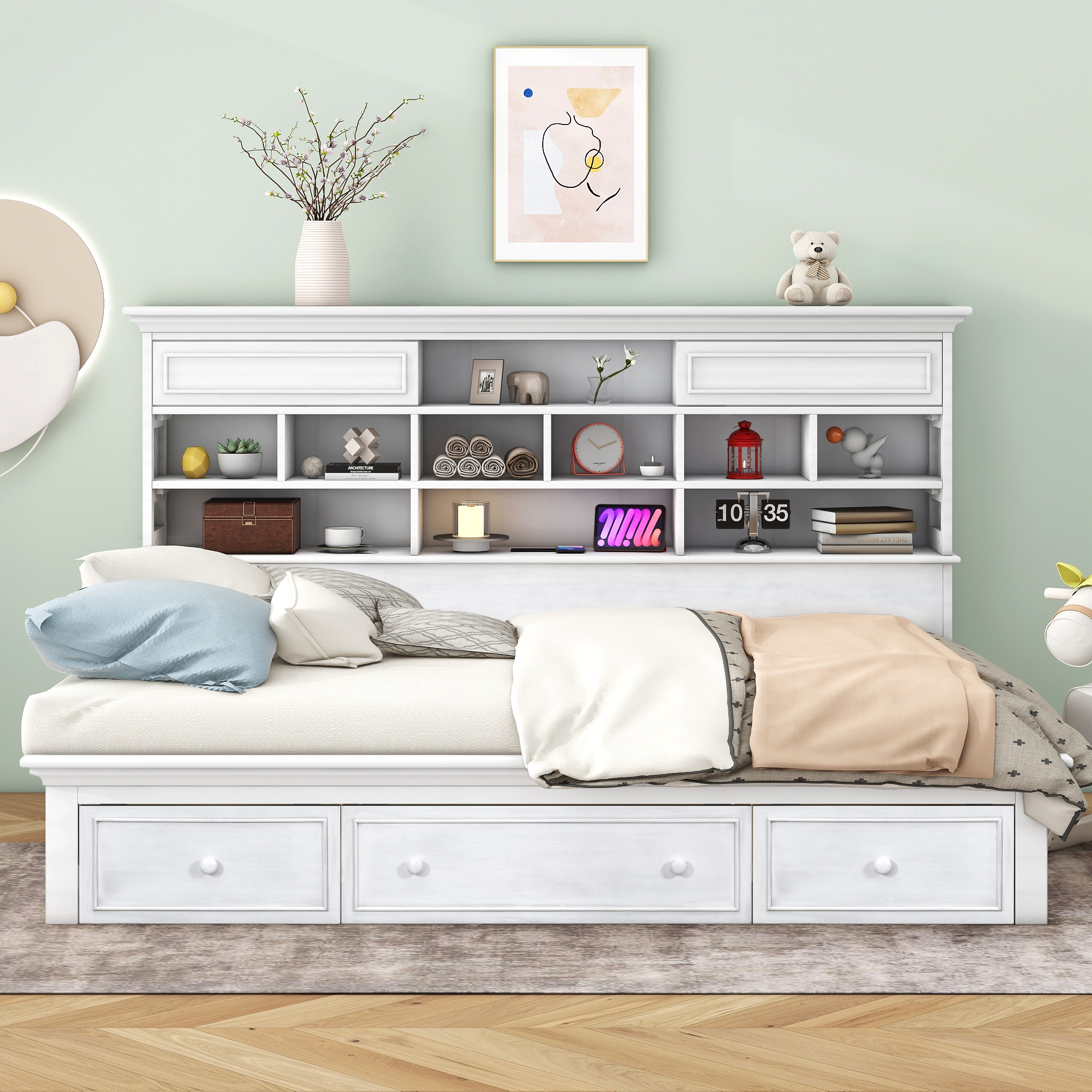Twin Size Wood Daybed with Multi-Storage Shelves, Charging Station and 3 Drawers, Antique White/Gray
