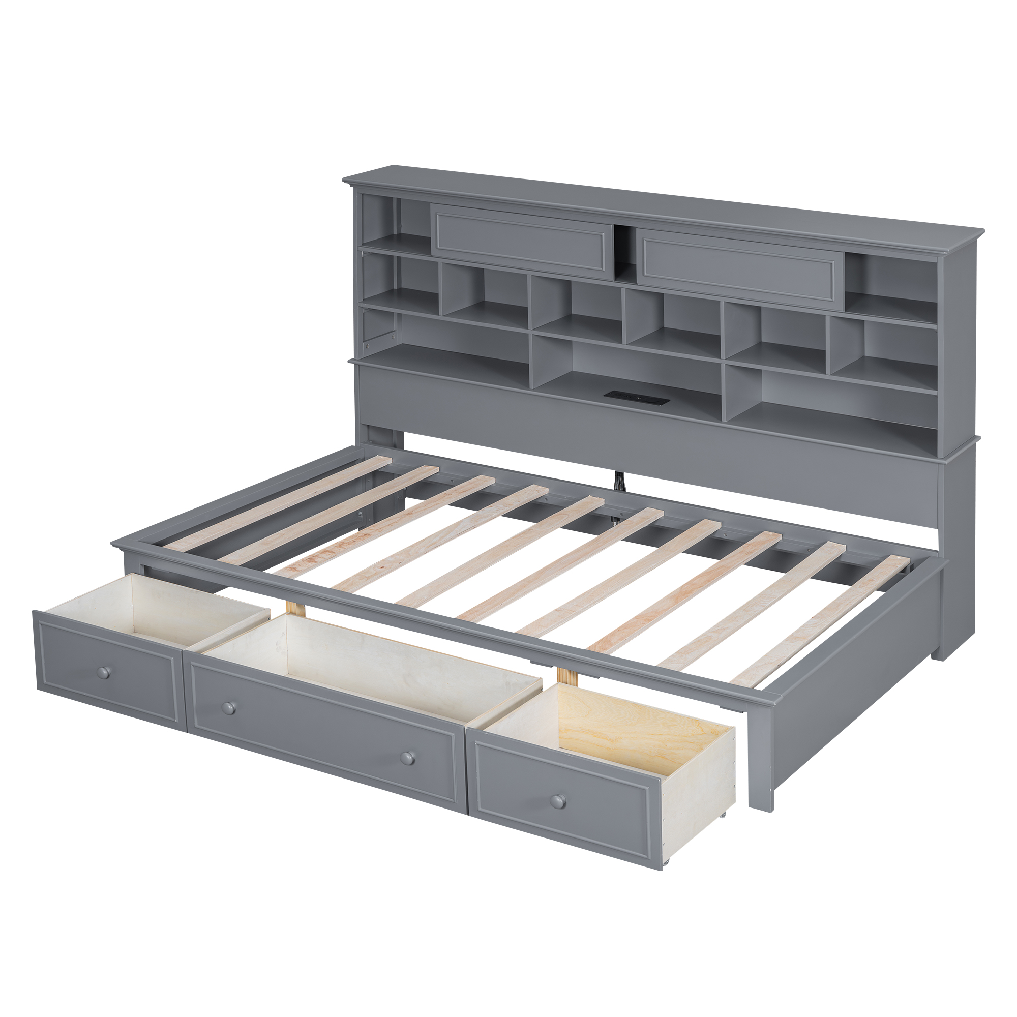Twin Size Wood Daybed with Multi-Storage Shelves, Charging Station and 3 Drawers, Antique White/Gray