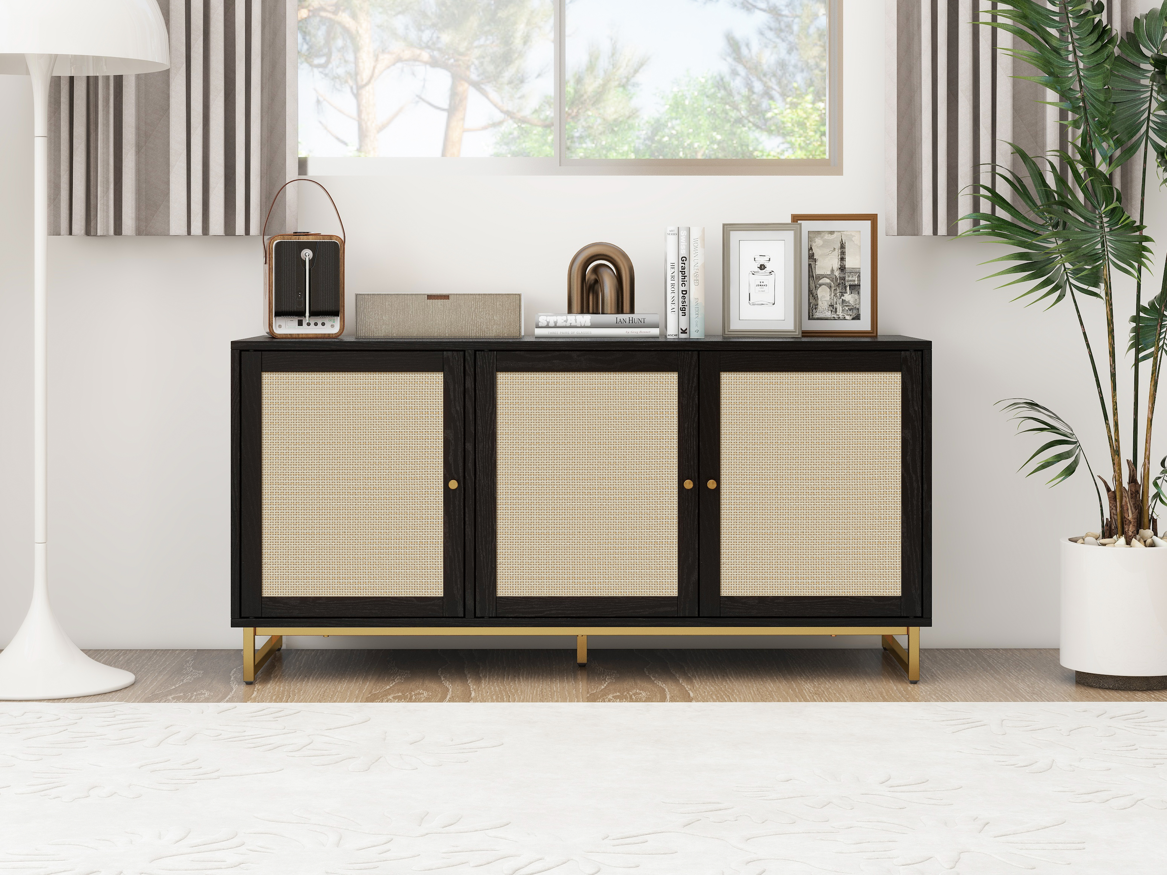 3 Door Cabinet,Sideboard Accent Cabinet, Storage Cabinet for Living Room, Hallway Entryway Kitchen, Natural/Black 