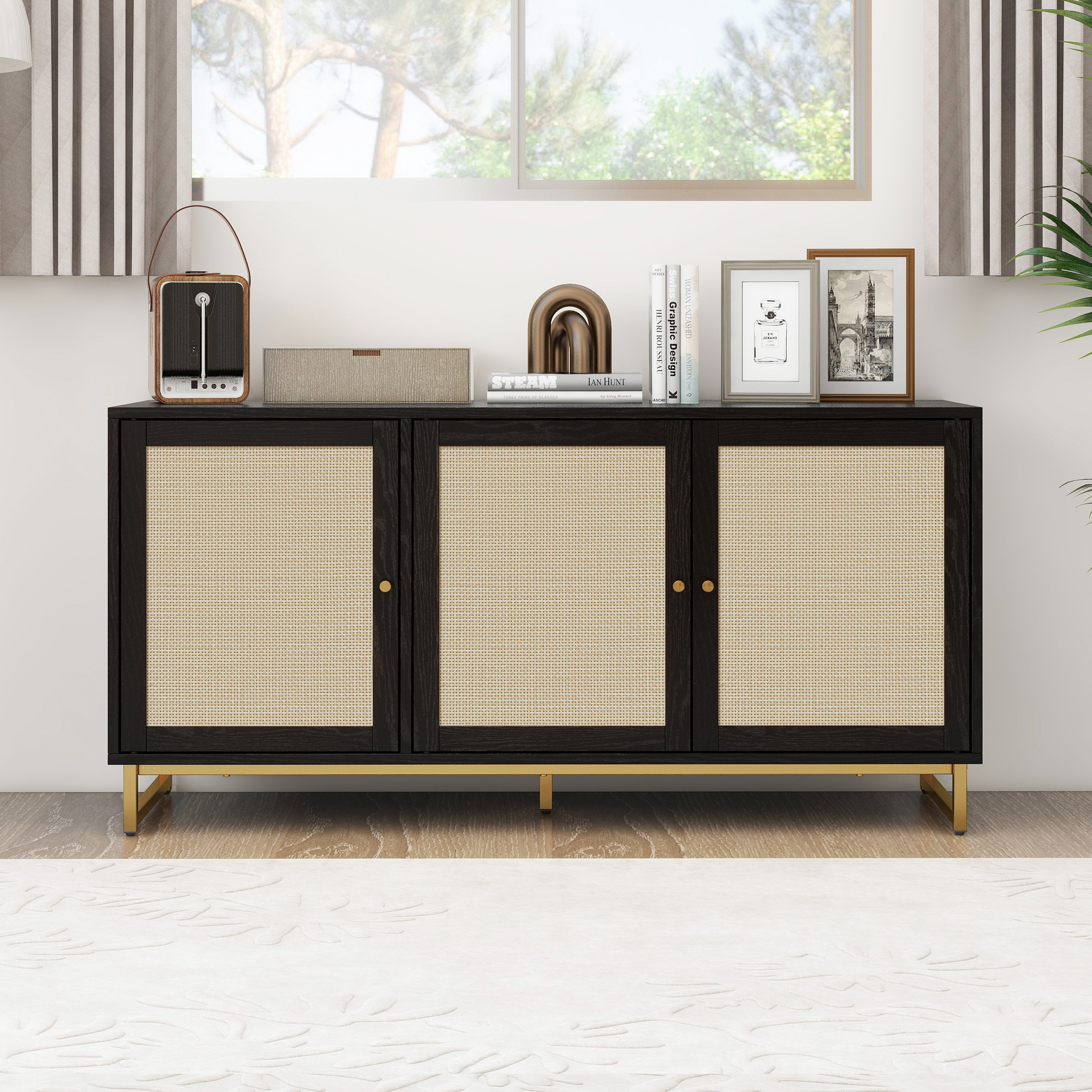 3 Door Cabinet,Sideboard Accent Cabinet, Storage Cabinet for Living Room, Hallway Entryway Kitchen, Natural/Black 