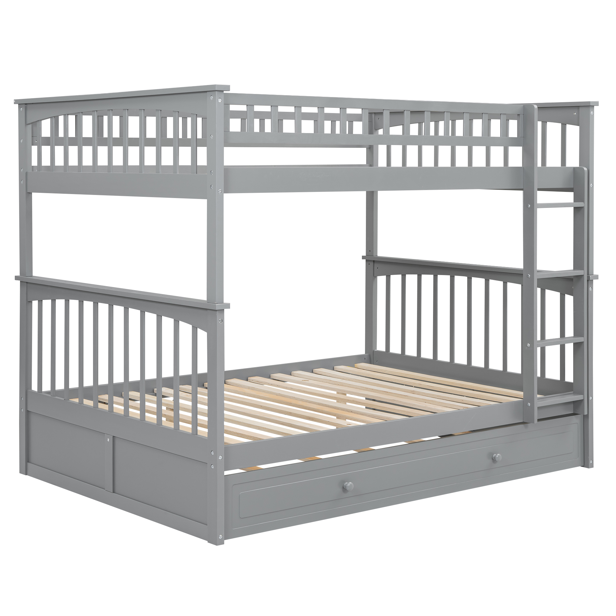 Full over Full Bunk Bed with Twin Size Trundle, Convertible Beds, White/Gray