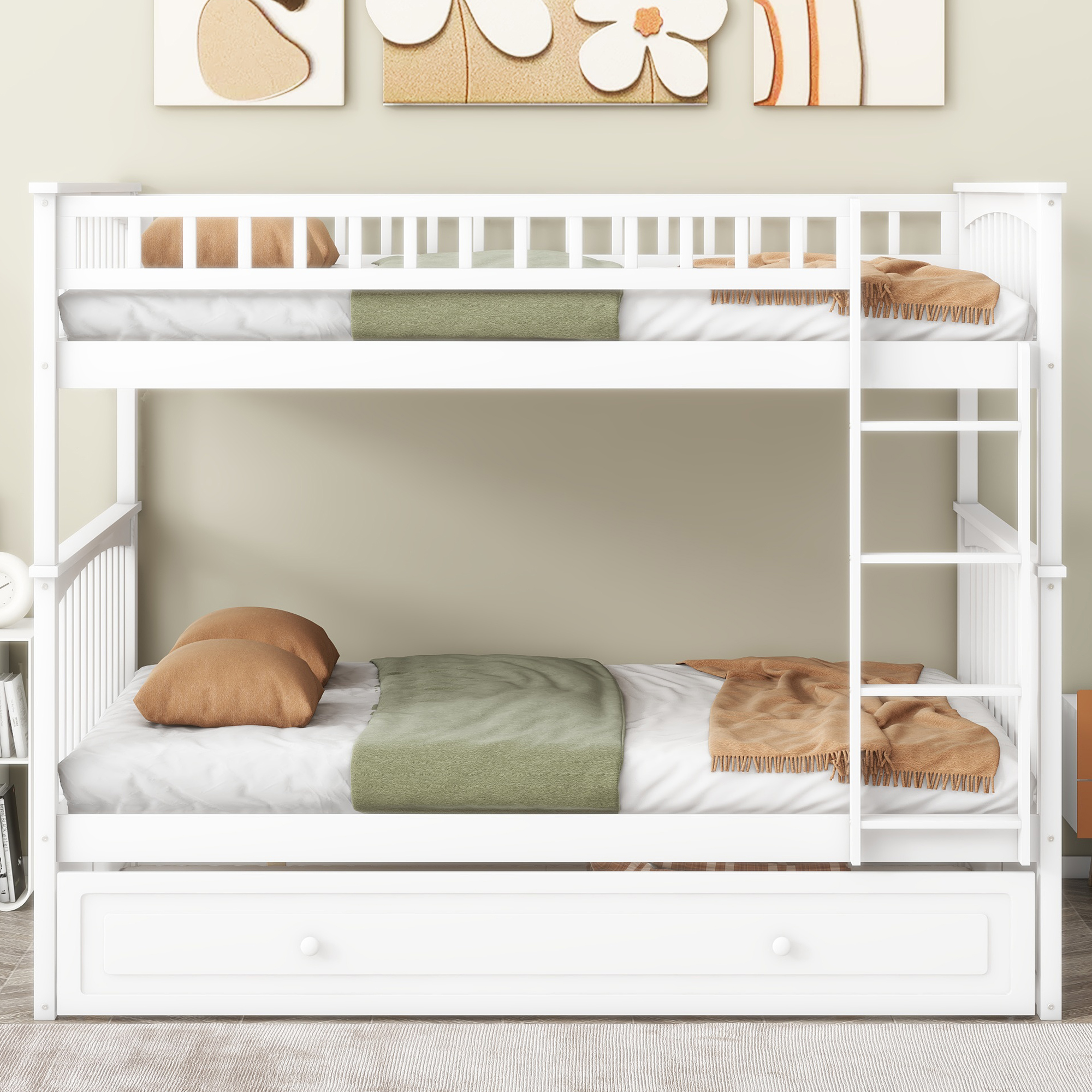 Full over Full Bunk Bed with Twin Size Trundle, Convertible Beds, White/Gray