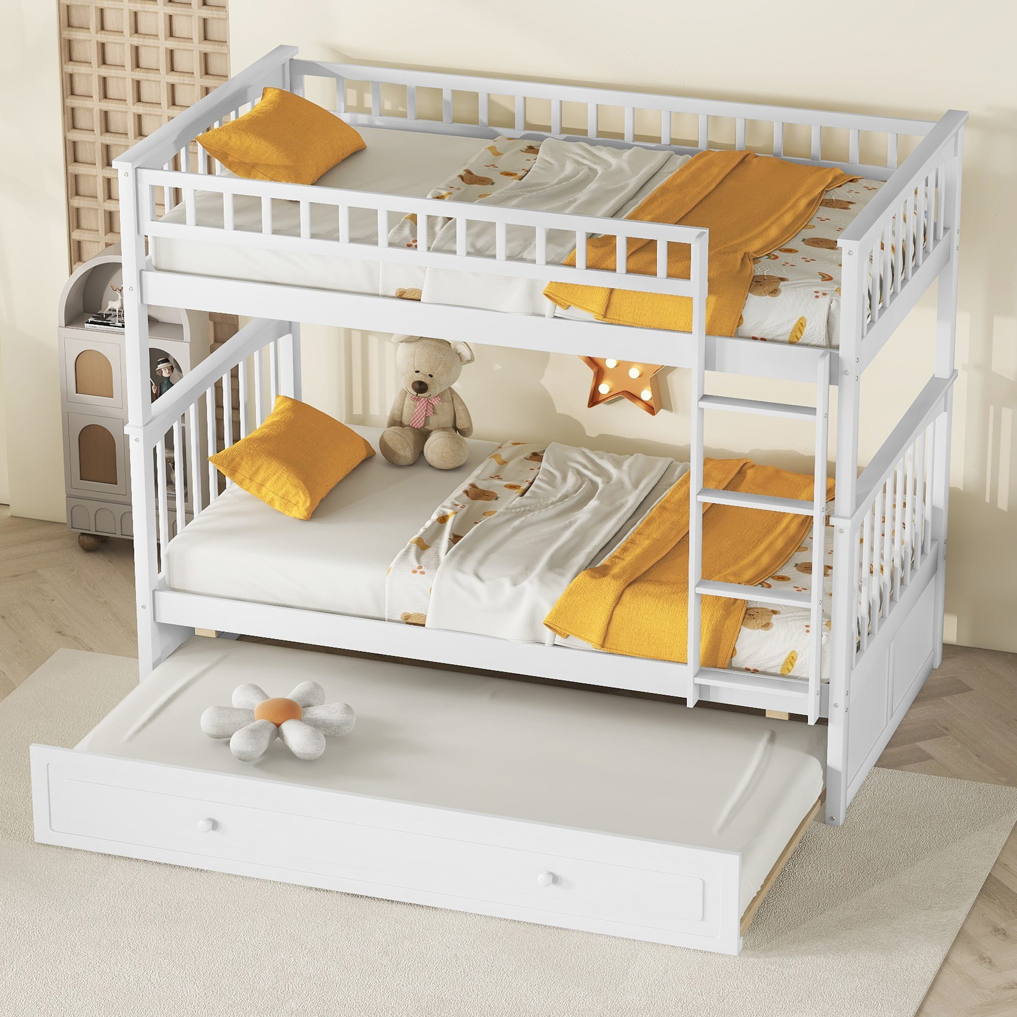 Twin over Twin Bunk Bed with Twin Size Trundle, Convertible Beds, Gray/White