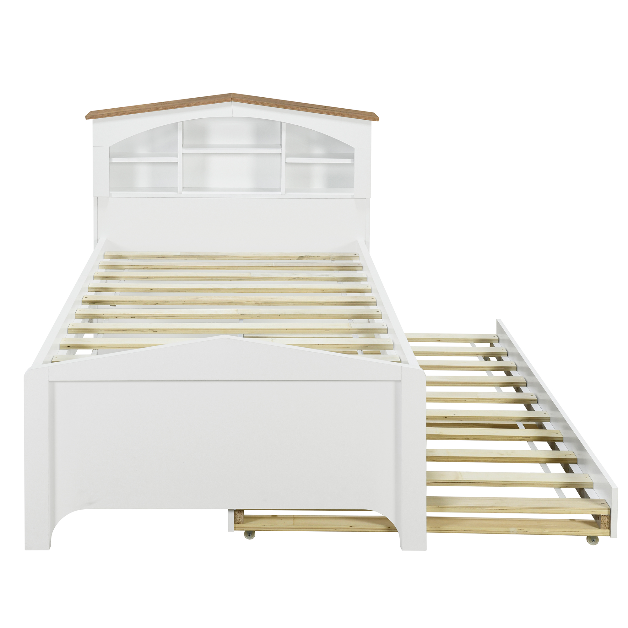 Twin Size Wood Platform Bed with House-shaped Storage Headboard and Trundle, White/Gray