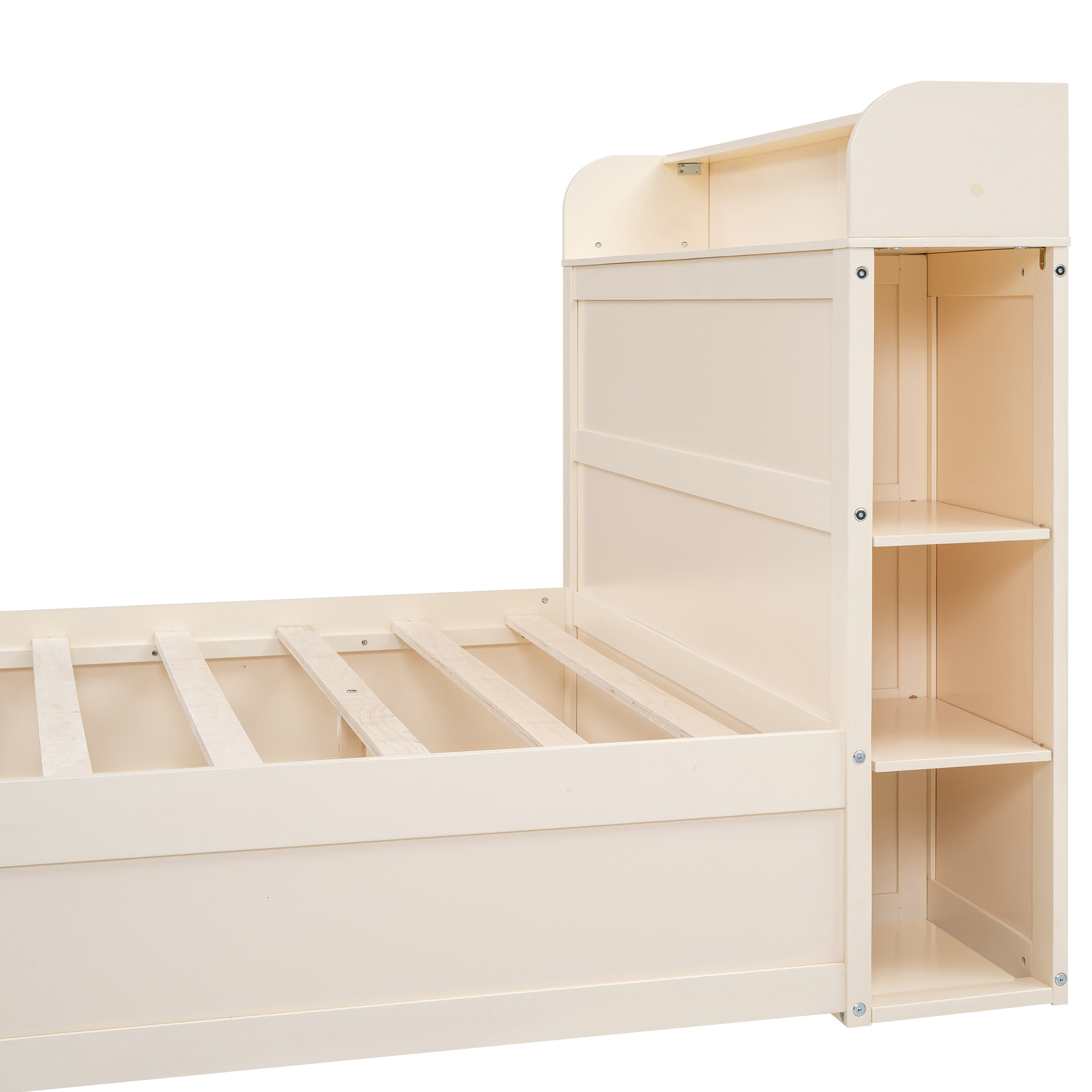 Full Size Platform Bed with Storage Headboard and a Big Drawer, Cream/Wood