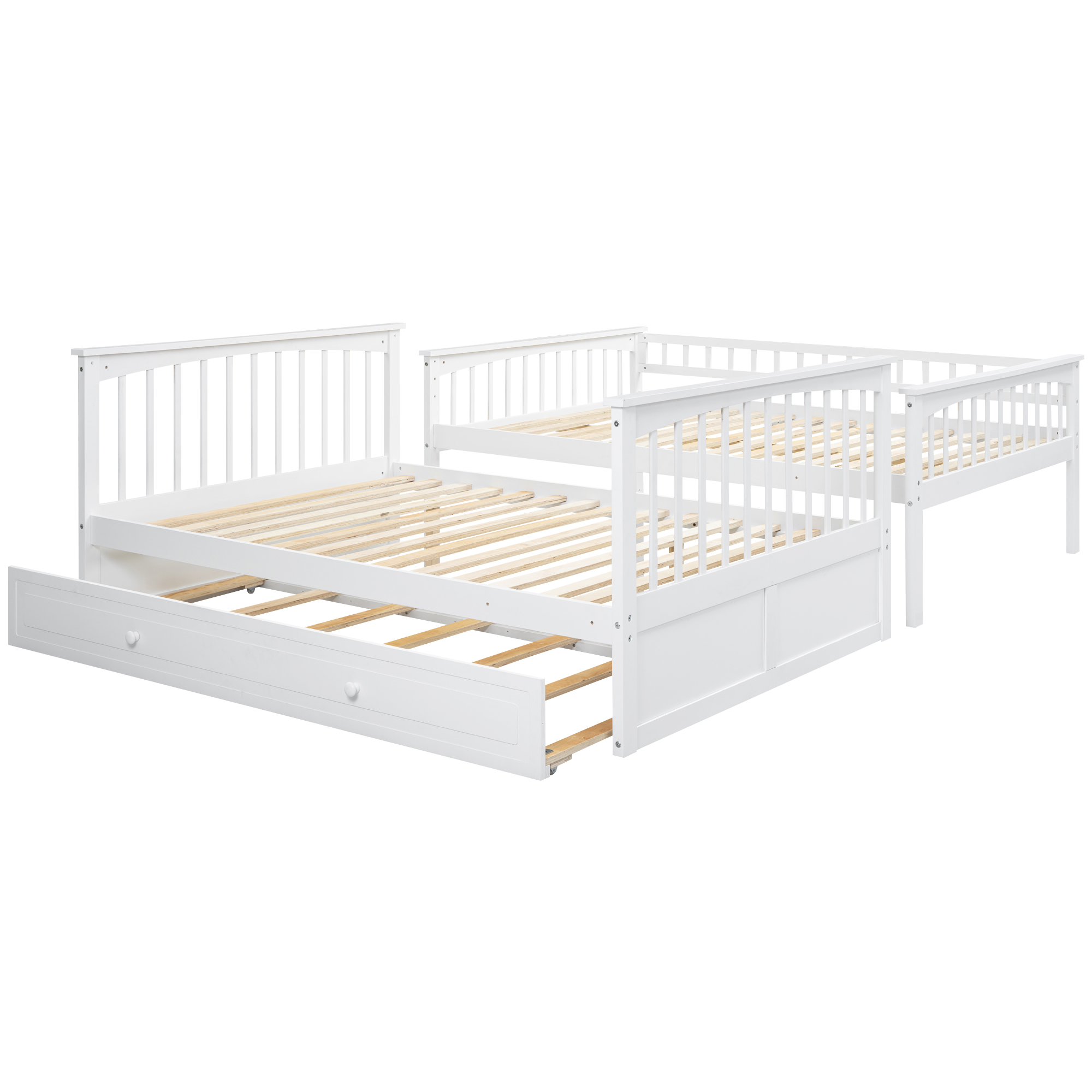 Full over Full Bunk Bed with Twin Size Trundle, Convertible Beds, White/Gray
