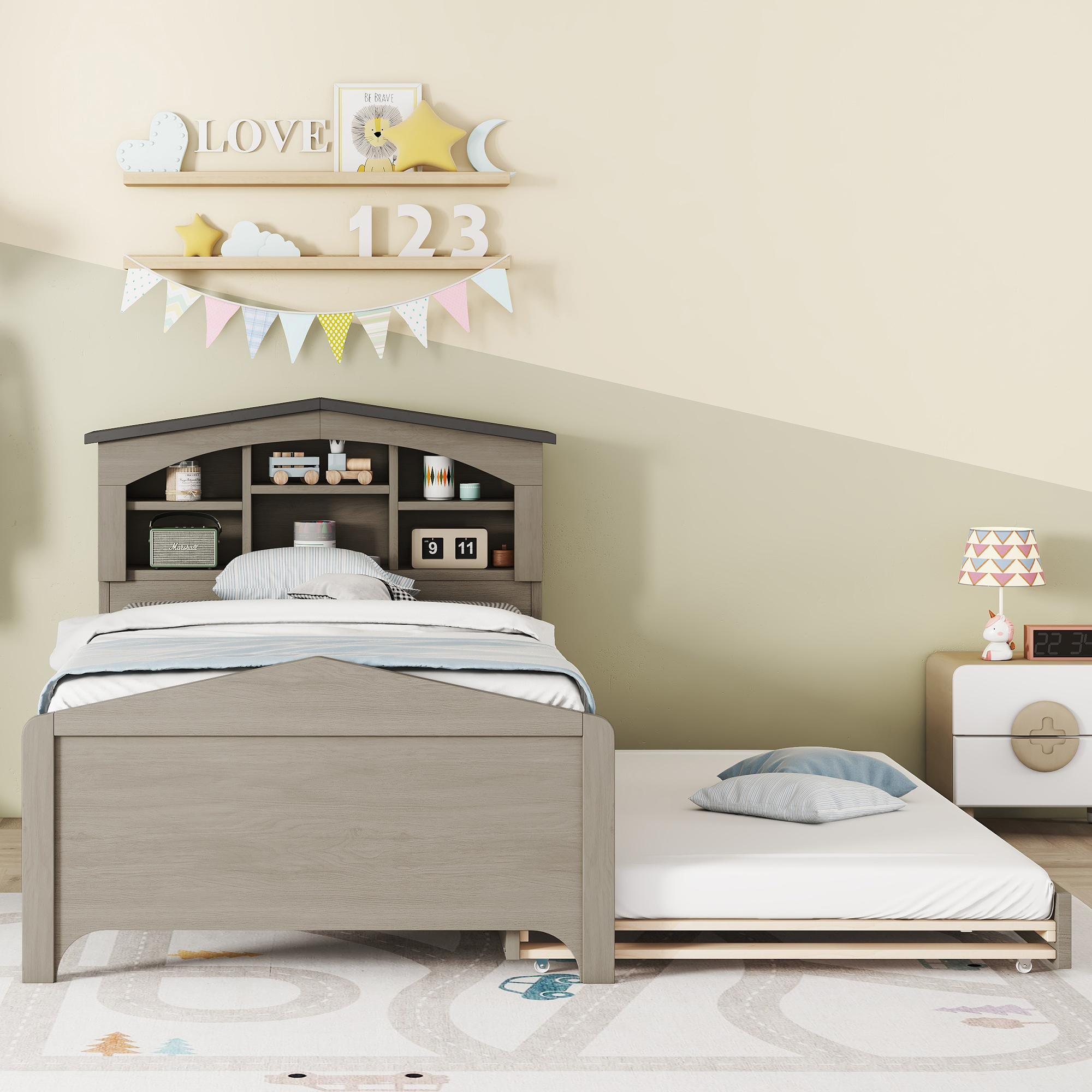 Twin Size Wood Platform Bed with House-shaped Storage Headboard and Trundle, White/Gray