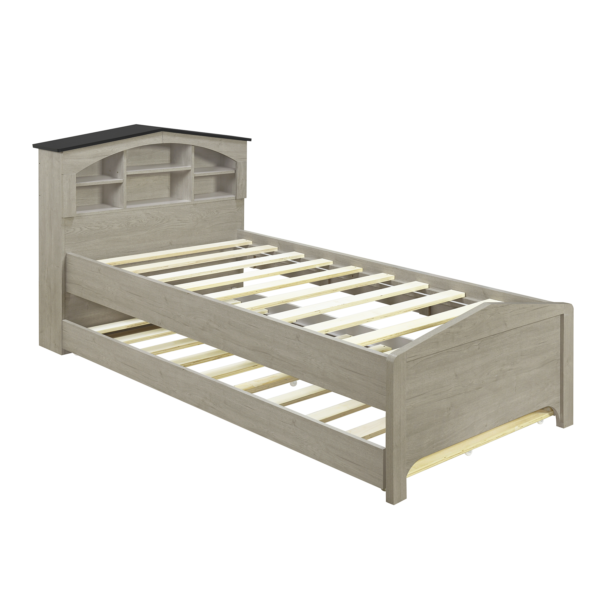 Twin Size Wood Platform Bed with House-shaped Storage Headboard and Trundle, White/Gray