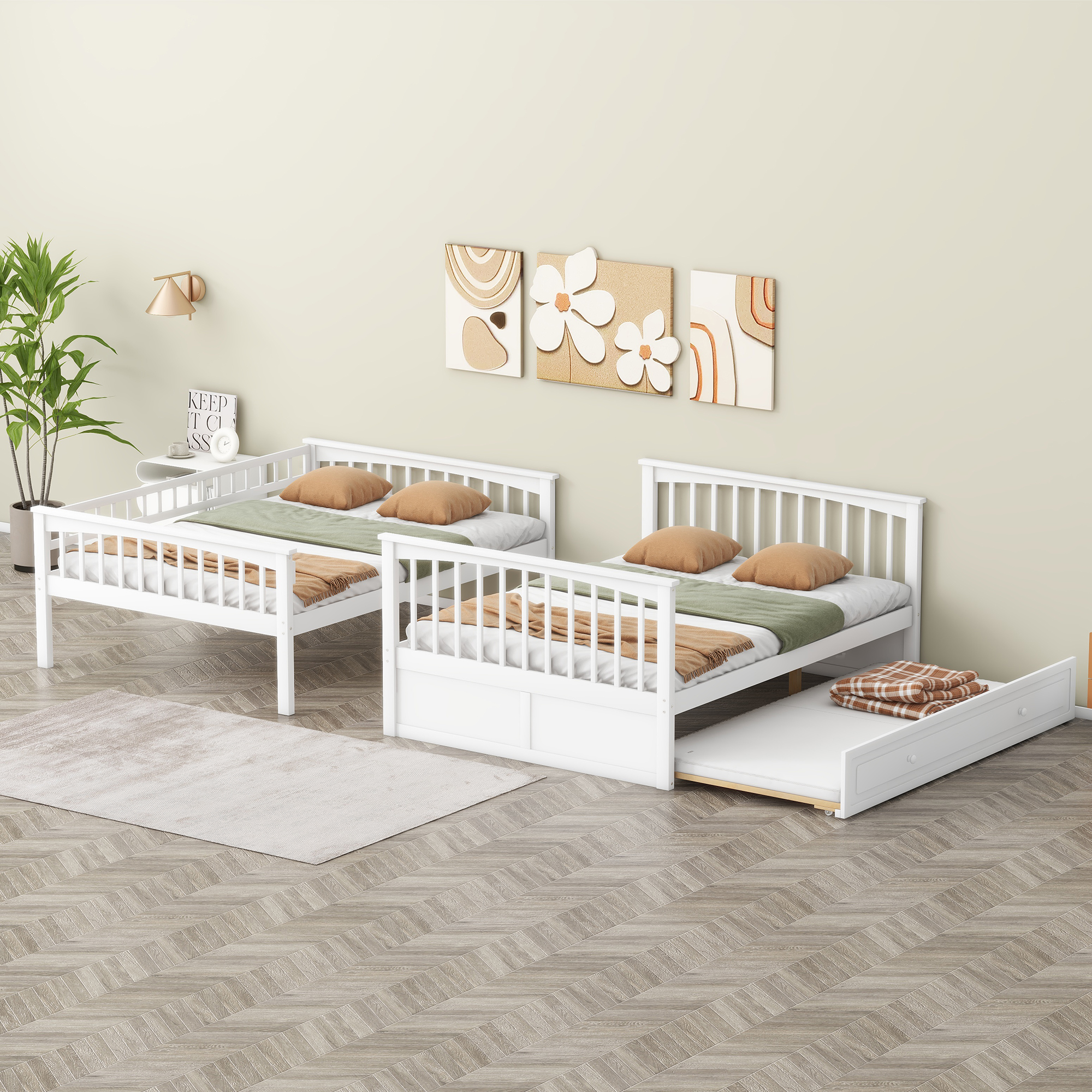 Full over Full Bunk Bed with Twin Size Trundle, Convertible Beds, White/Gray