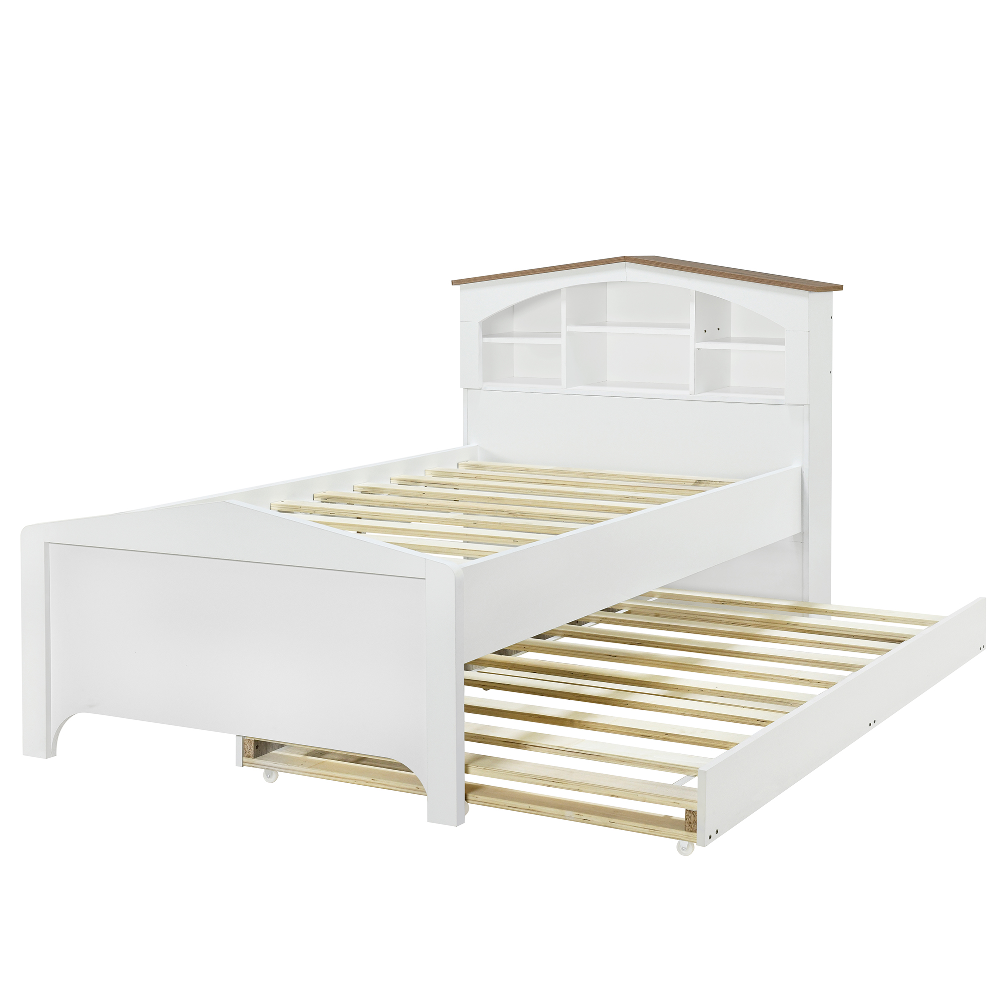 Twin Size Wood Platform Bed with House-shaped Storage Headboard and Trundle, White/Gray