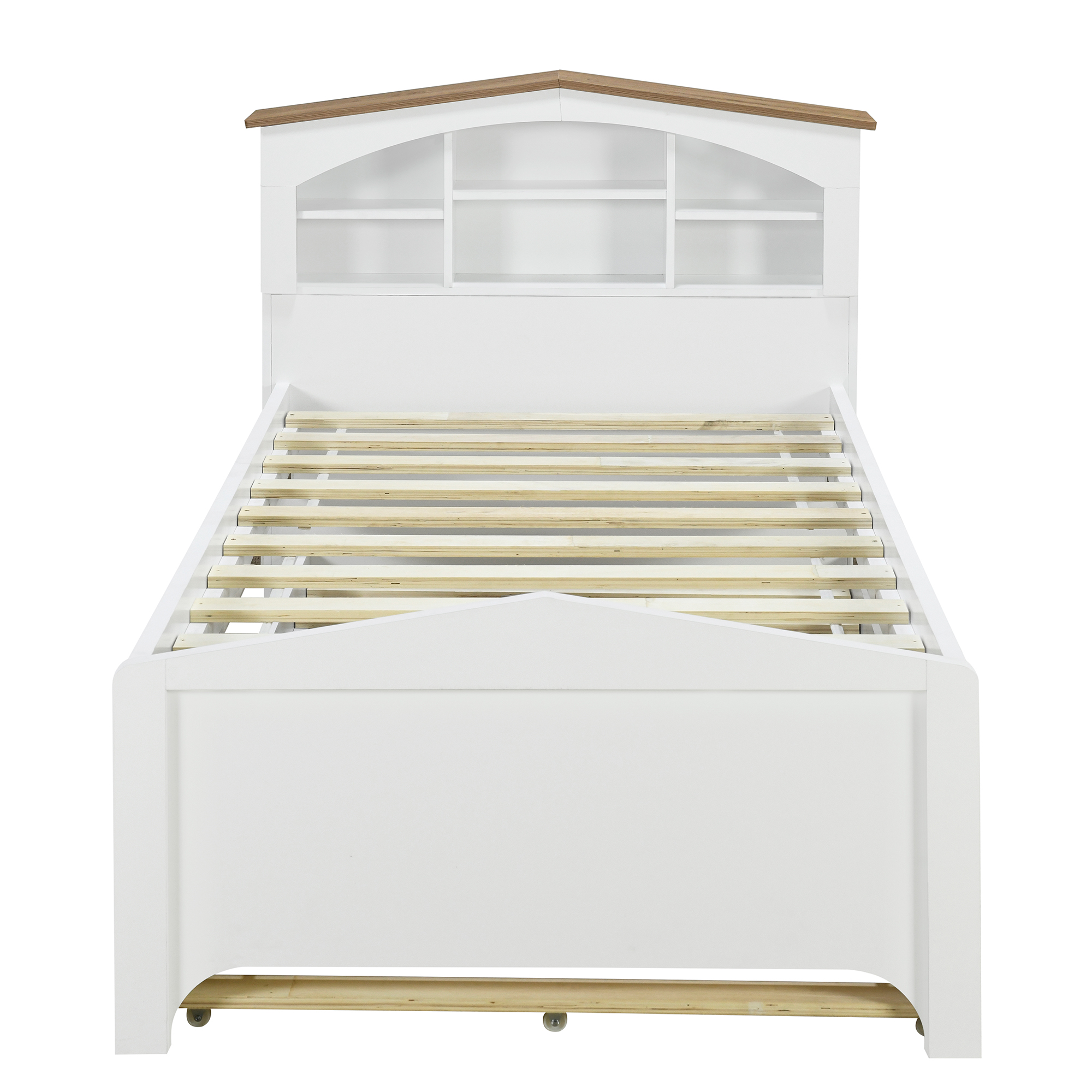 Twin Size Wood Platform Bed with House-shaped Storage Headboard and Trundle, White/Gray