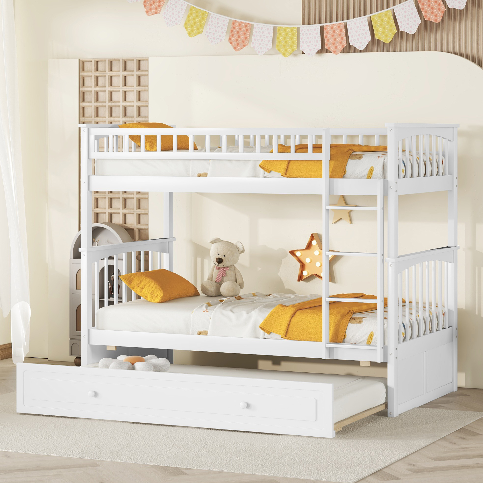 Twin over Twin Bunk Bed with Twin Size Trundle, Convertible Beds, Gray/White