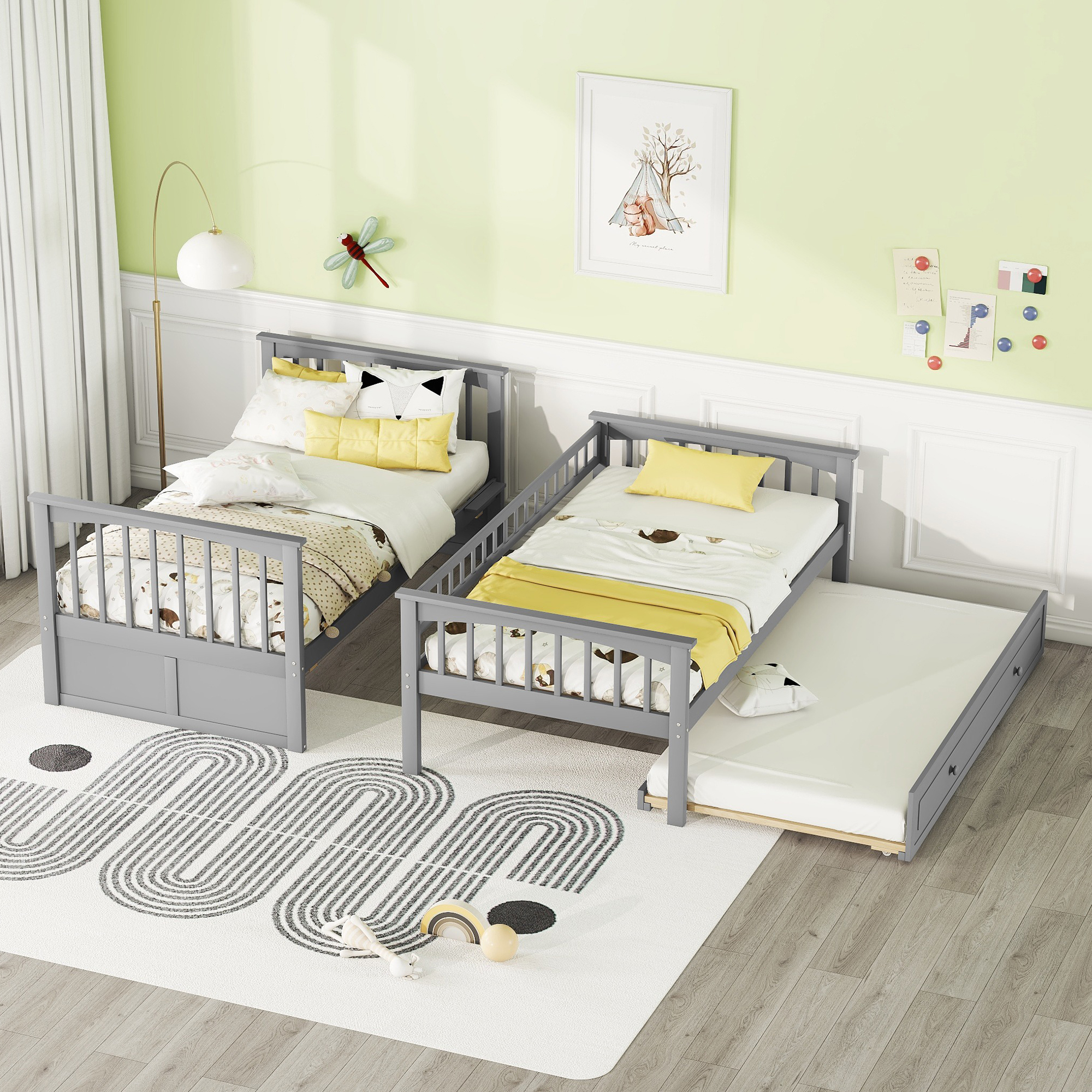 Twin over Twin Bunk Bed with Twin Size Trundle, Convertible Beds, Gray/White