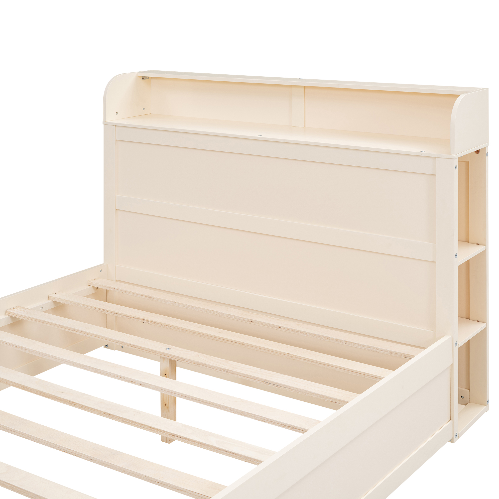 Full Size Platform Bed with Storage Headboard and a Big Drawer, Cream/Wood