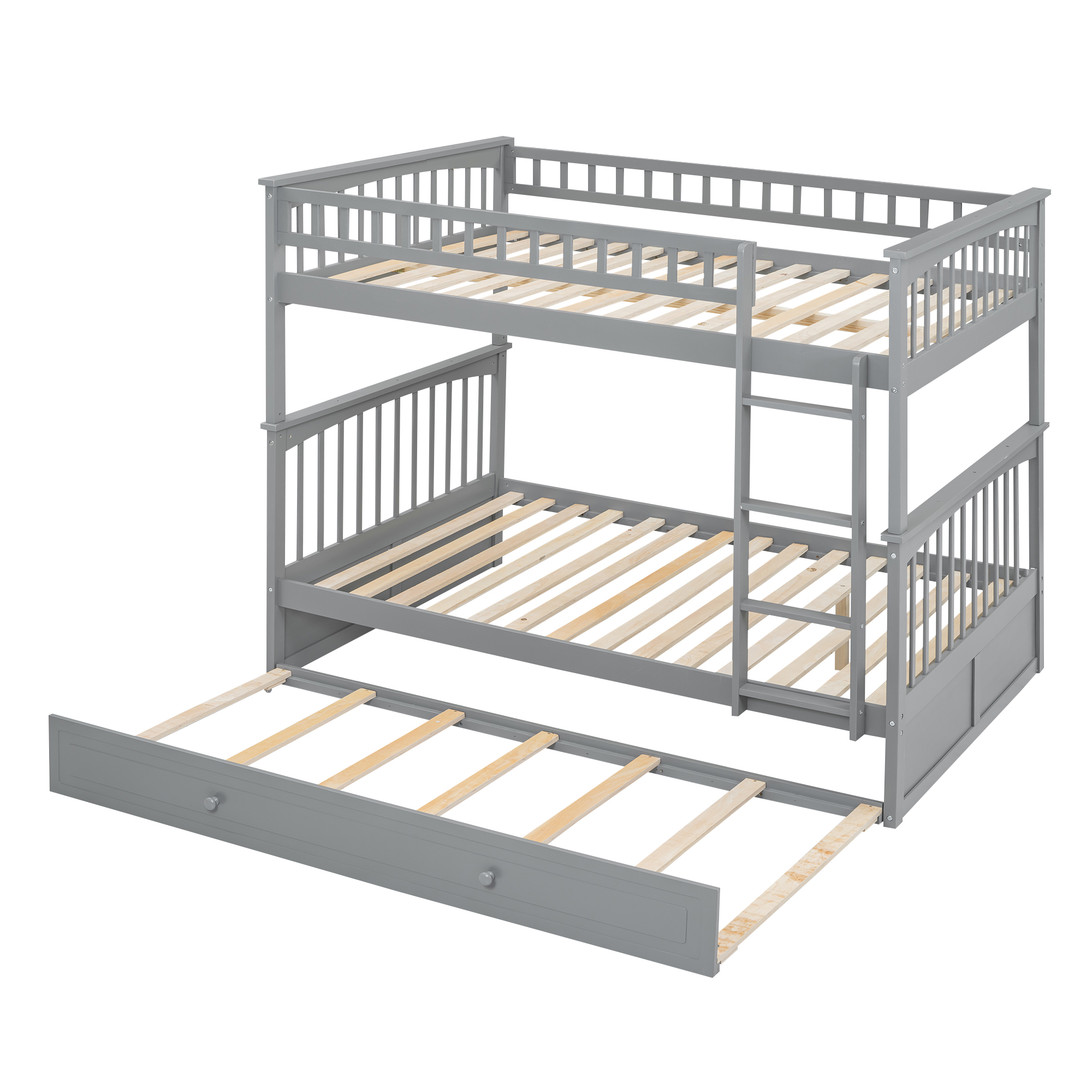 Full over Full Bunk Bed with Twin Size Trundle, Convertible Beds, White/Gray