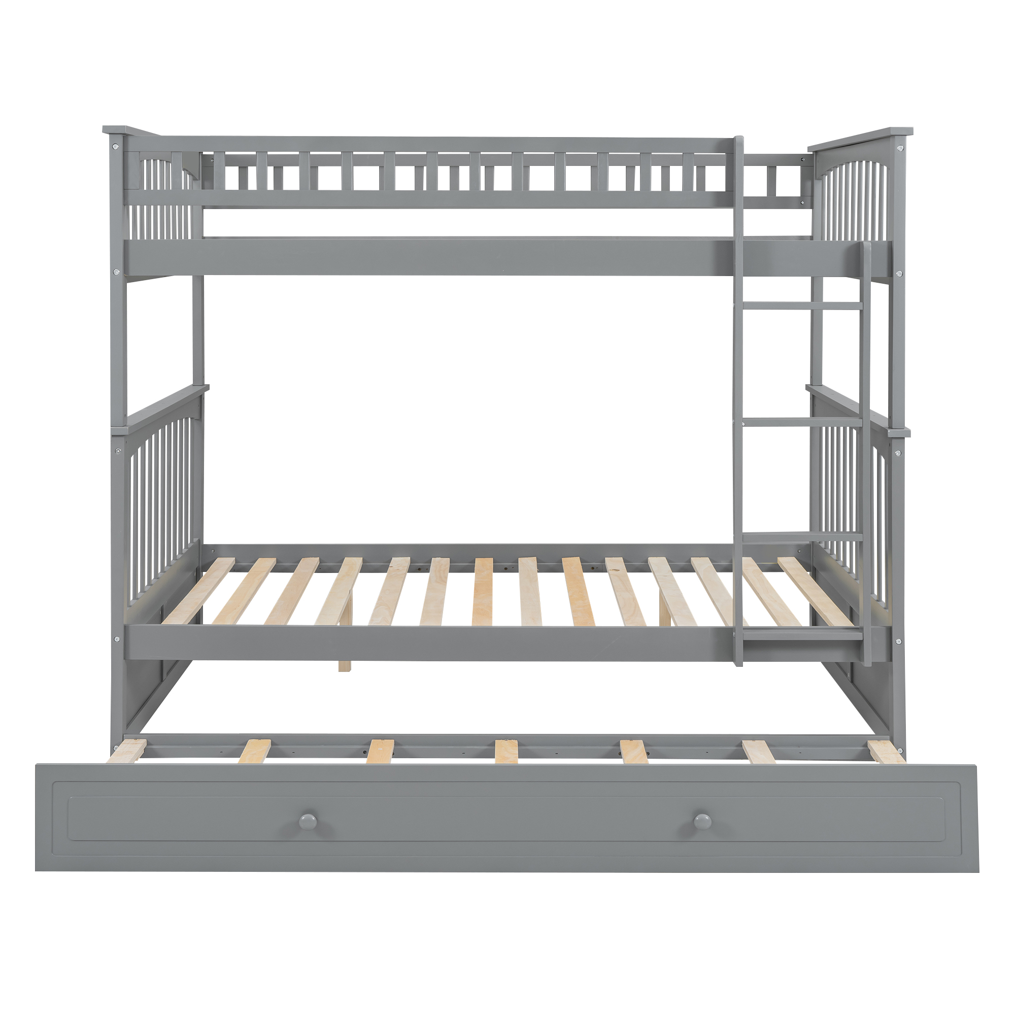 Full over Full Bunk Bed with Twin Size Trundle, Convertible Beds, White/Gray