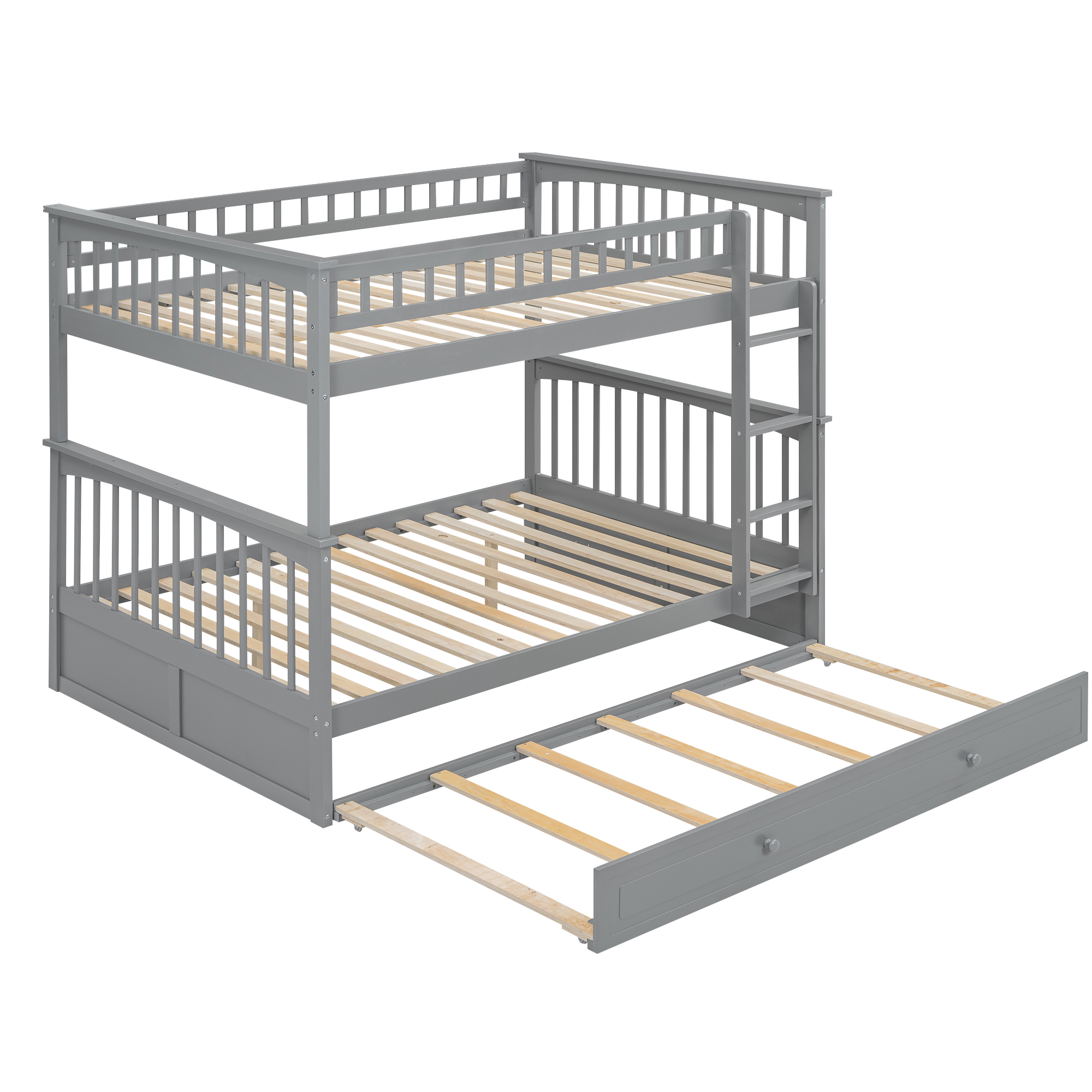 Full over Full Bunk Bed with Twin Size Trundle, Convertible Beds, White/Gray
