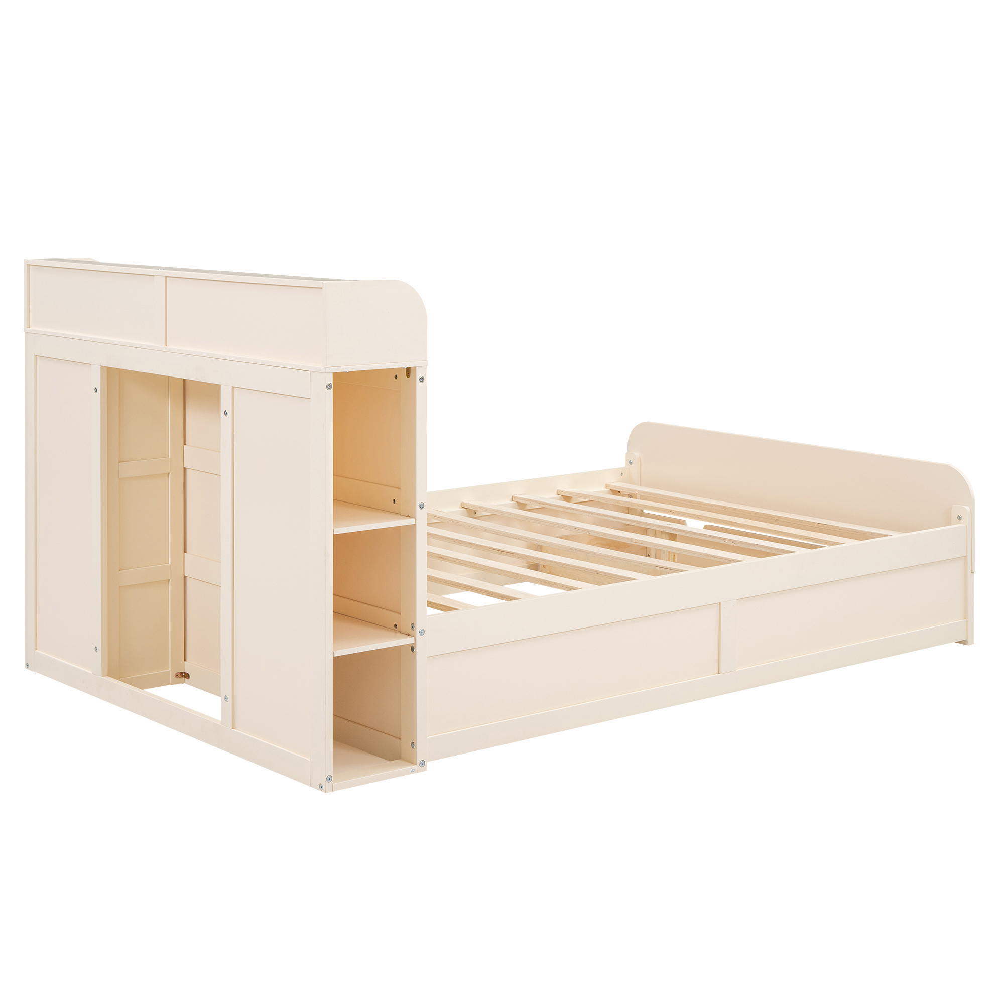Full Size Platform Bed with Storage Headboard and a Big Drawer, Cream/Wood