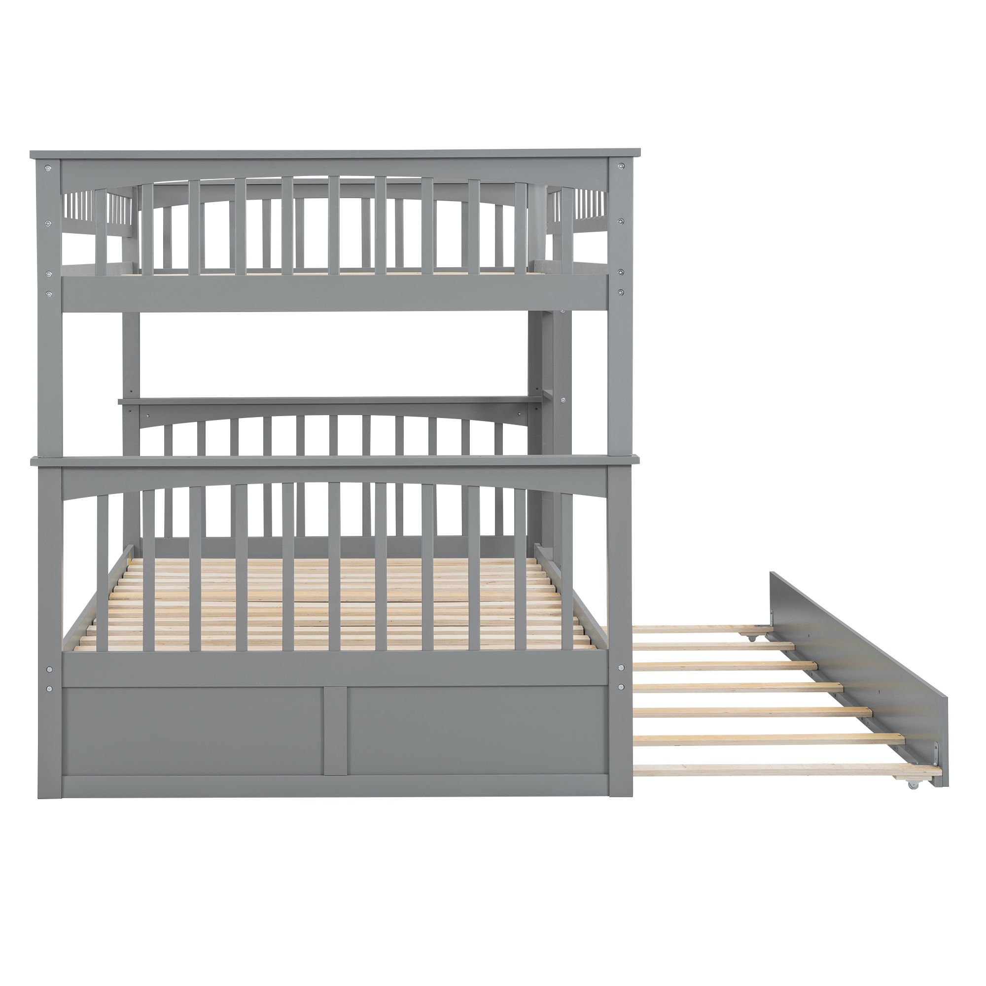 Full over Full Bunk Bed with Twin Size Trundle, Convertible Beds, White/Gray
