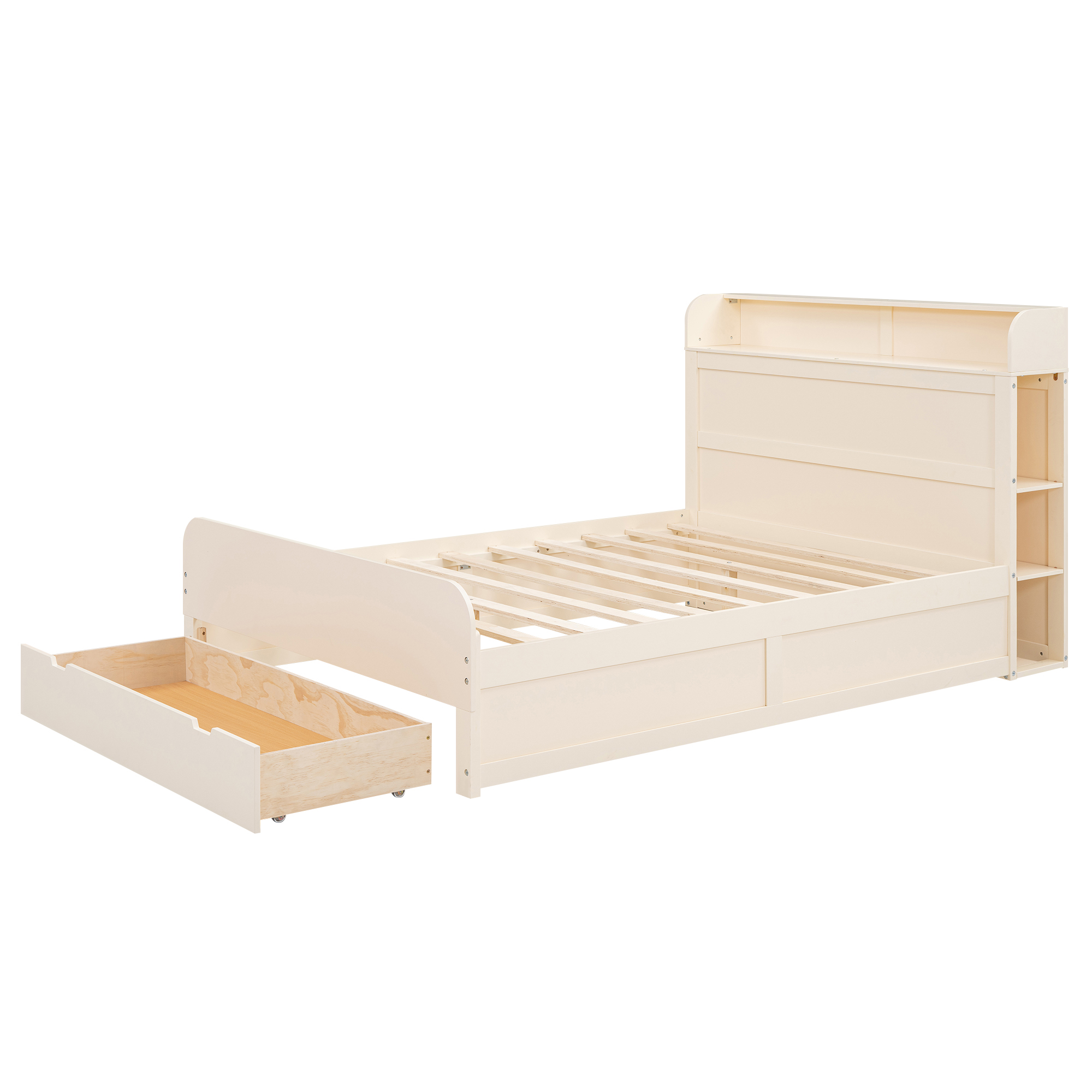 Full Size Platform Bed with Storage Headboard and a Big Drawer, Cream/Wood