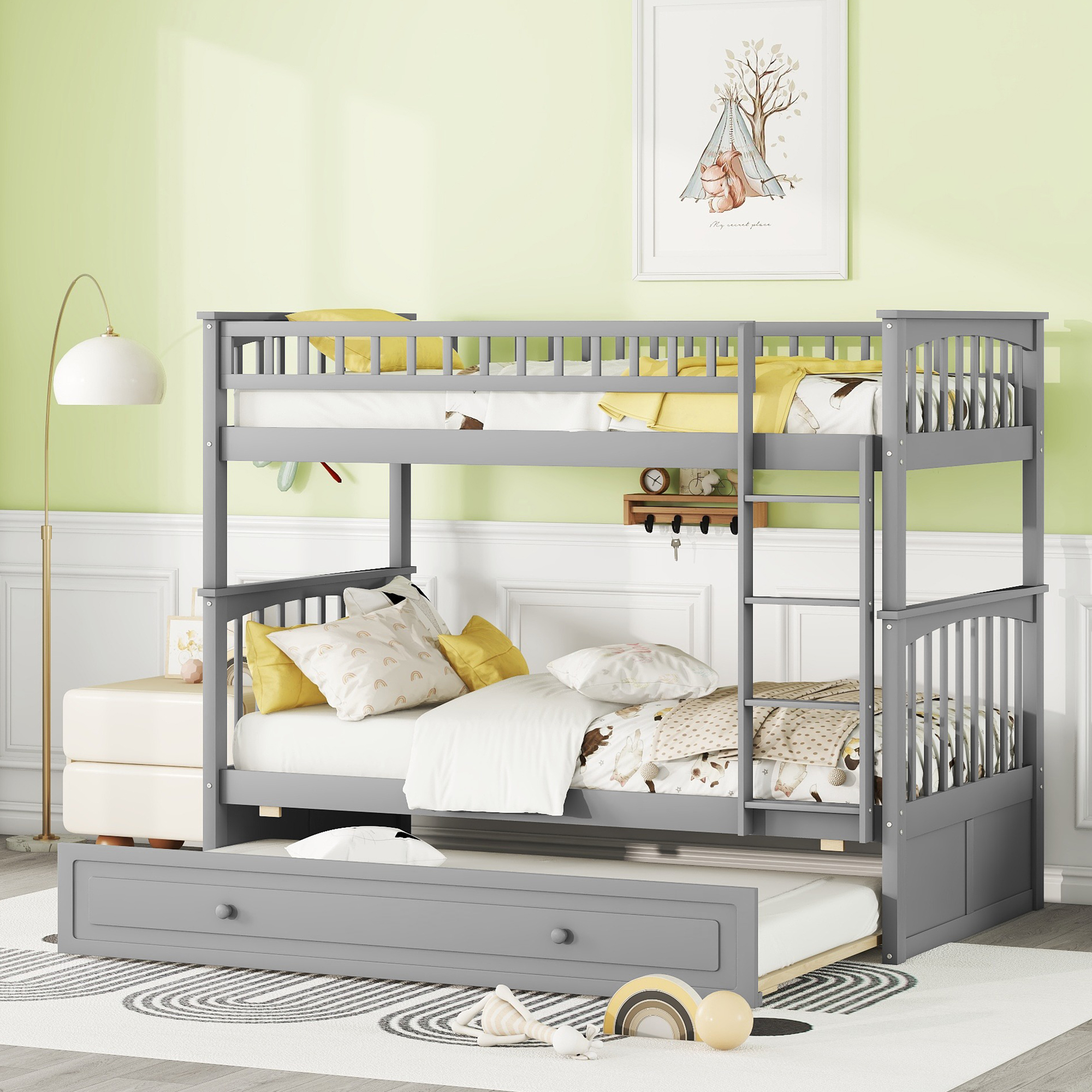 Twin over Twin Bunk Bed with Twin Size Trundle, Convertible Beds, Gray/White