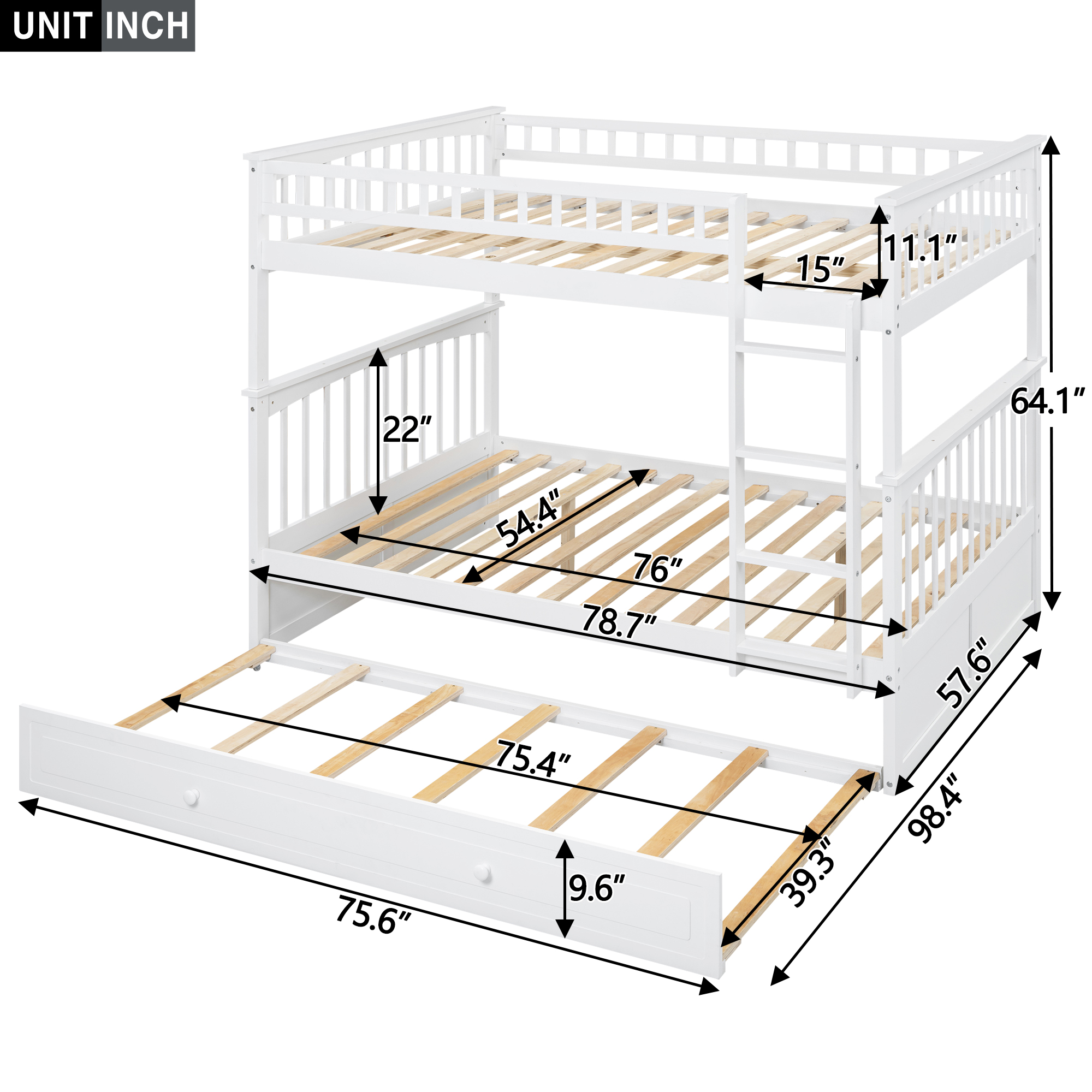 Full over Full Bunk Bed with Twin Size Trundle, Convertible Beds, White/Gray