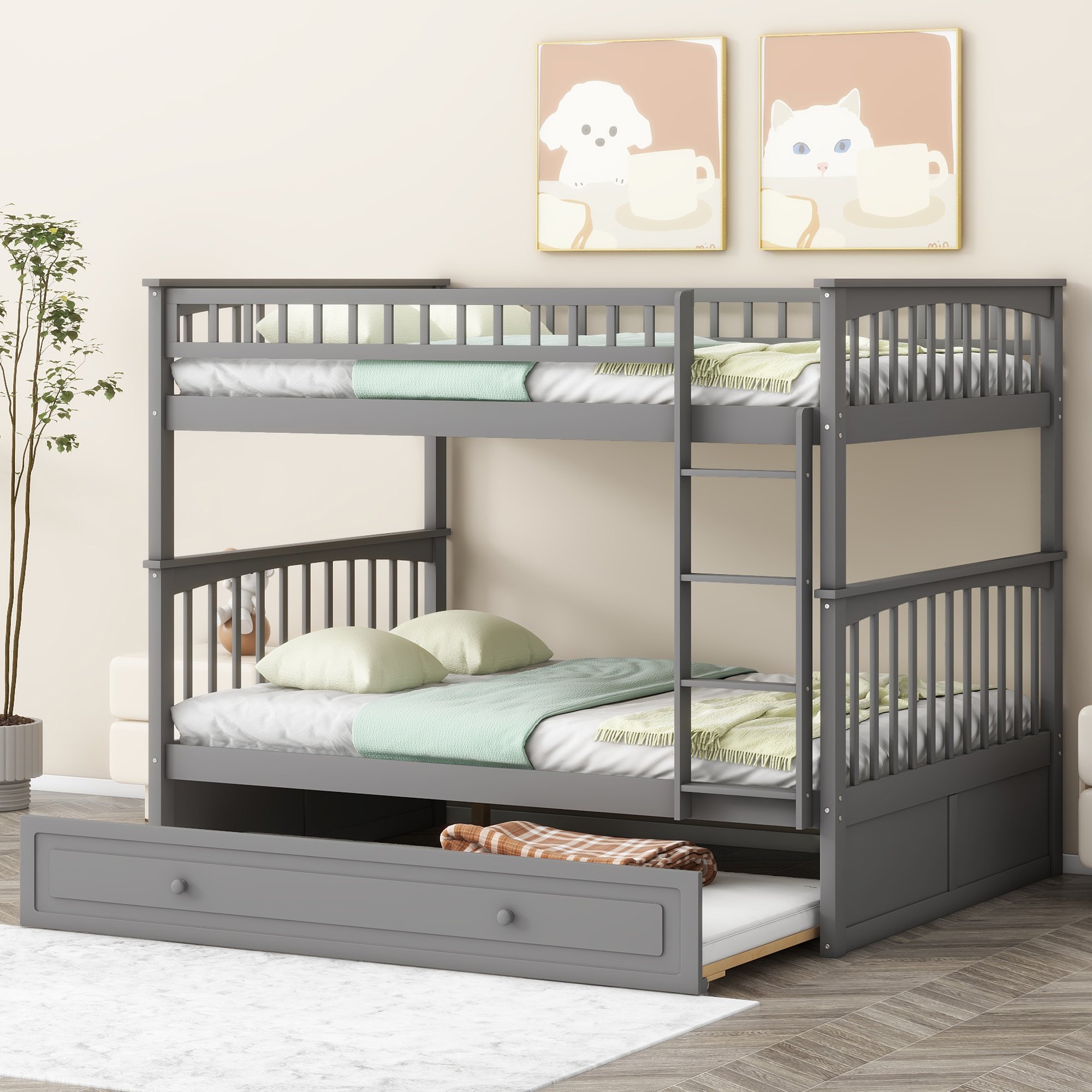 Full over Full Bunk Bed with Twin Size Trundle, Convertible Beds, White/Gray