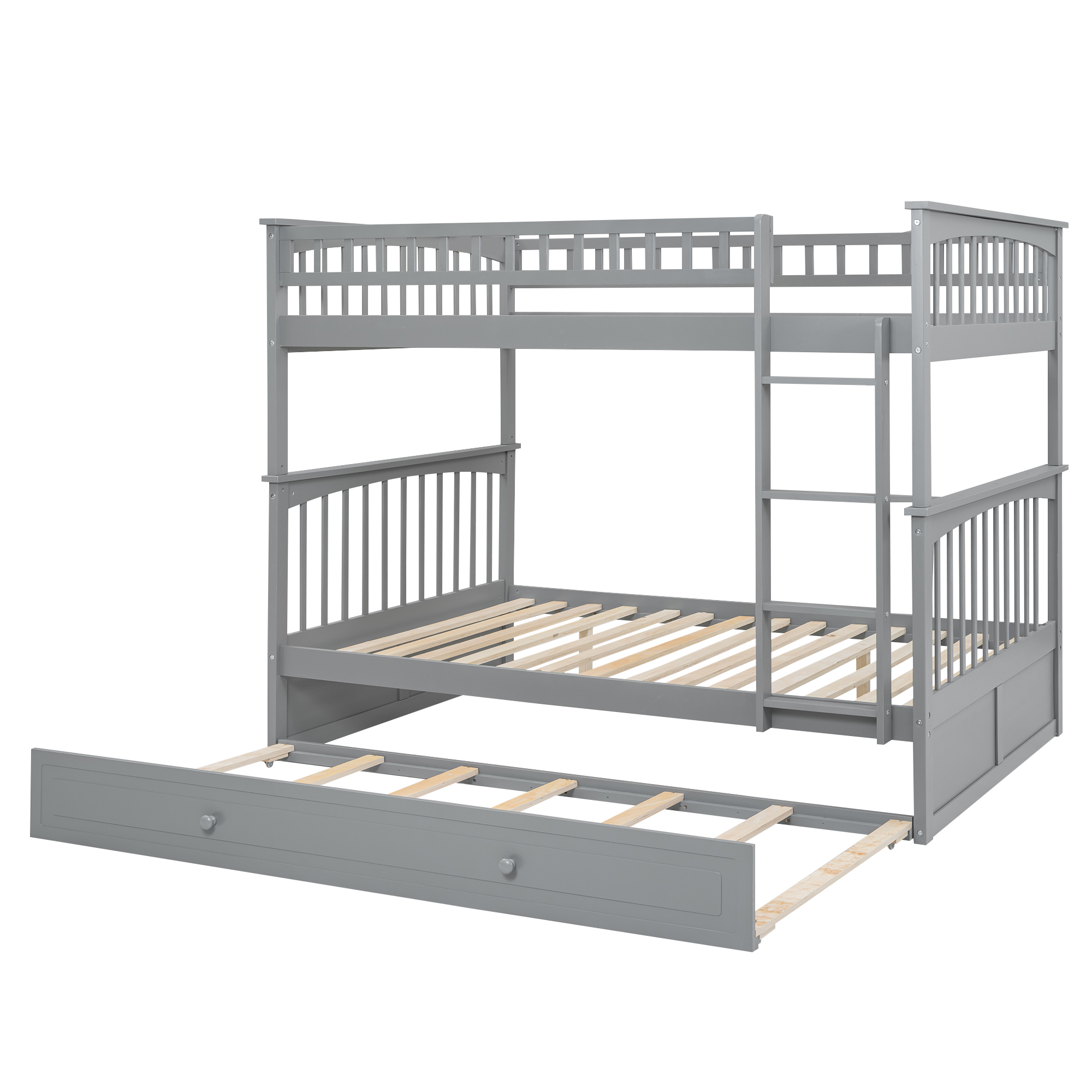 Full over Full Bunk Bed with Twin Size Trundle, Convertible Beds, White/Gray