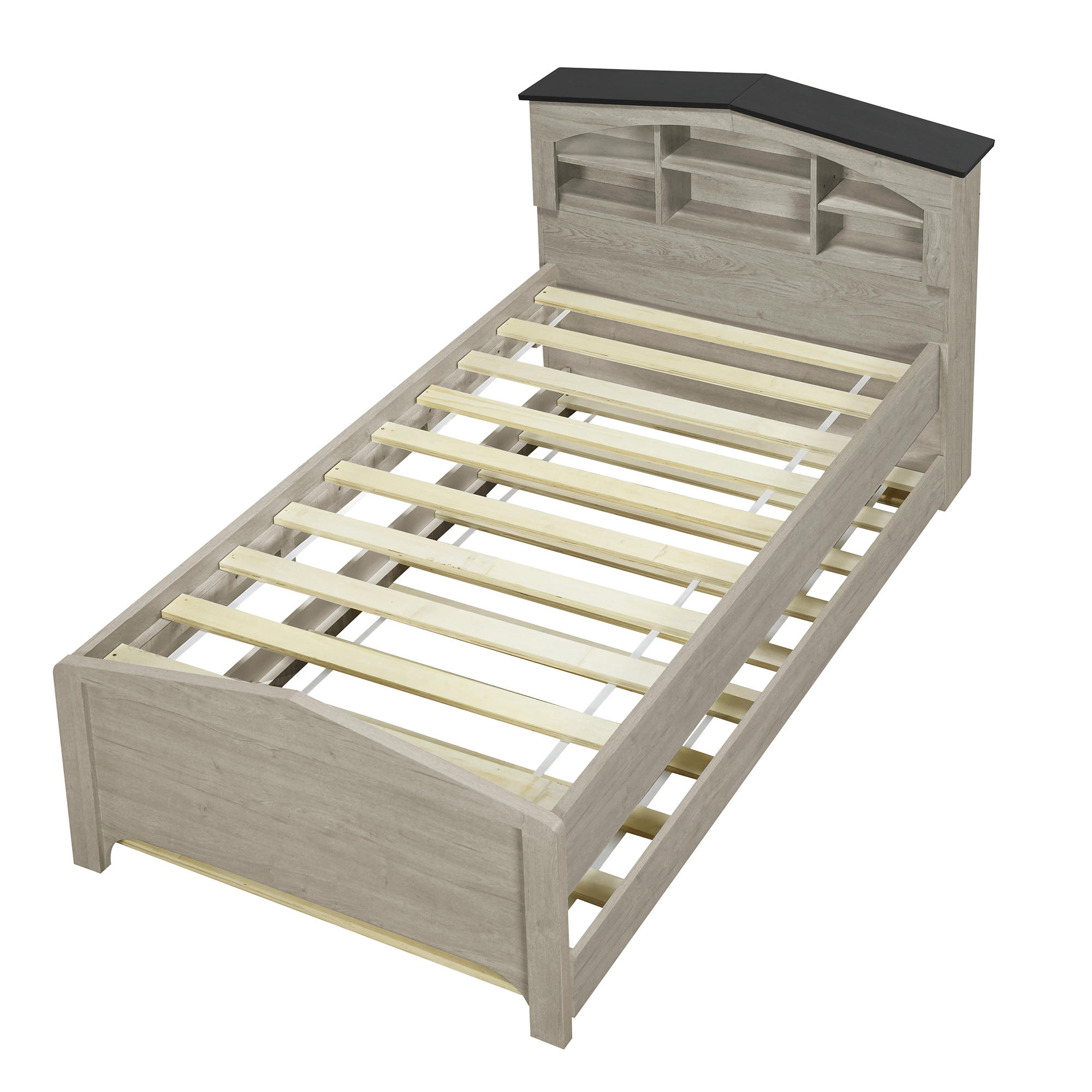 Twin Size Wood Platform Bed with House-shaped Storage Headboard and Trundle, White/Gray