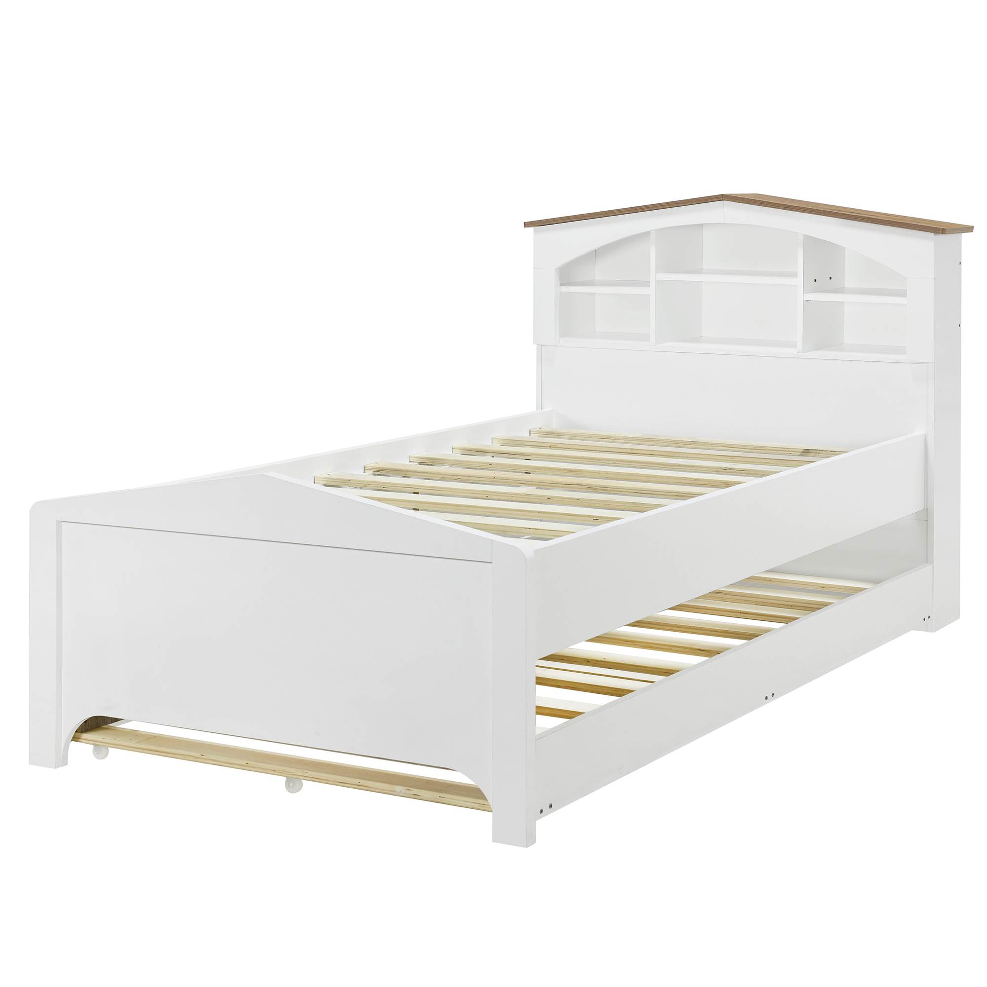 Twin Size Wood Platform Bed with House-shaped Storage Headboard and Trundle, White/Gray