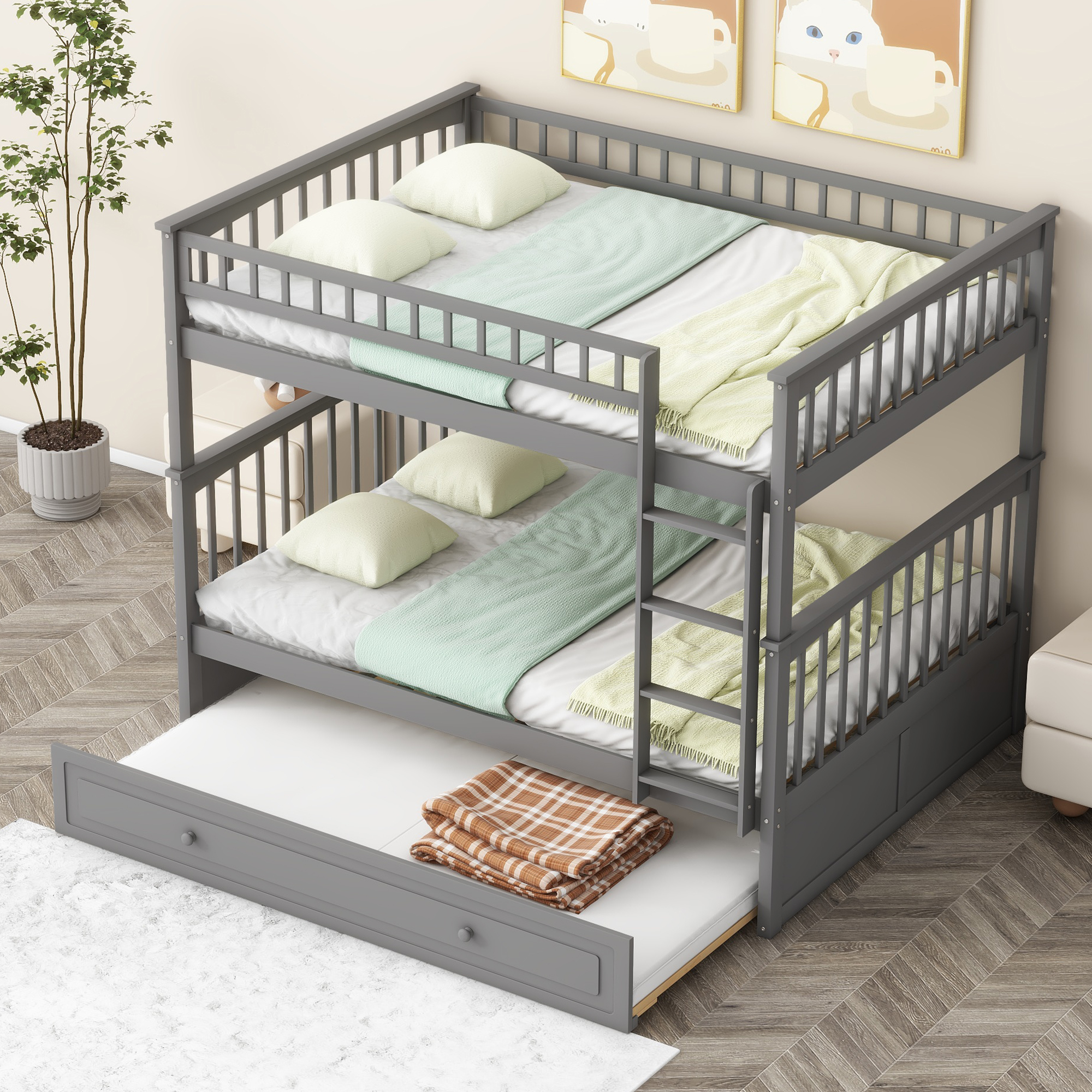Full over Full Bunk Bed with Twin Size Trundle, Convertible Beds, White/Gray