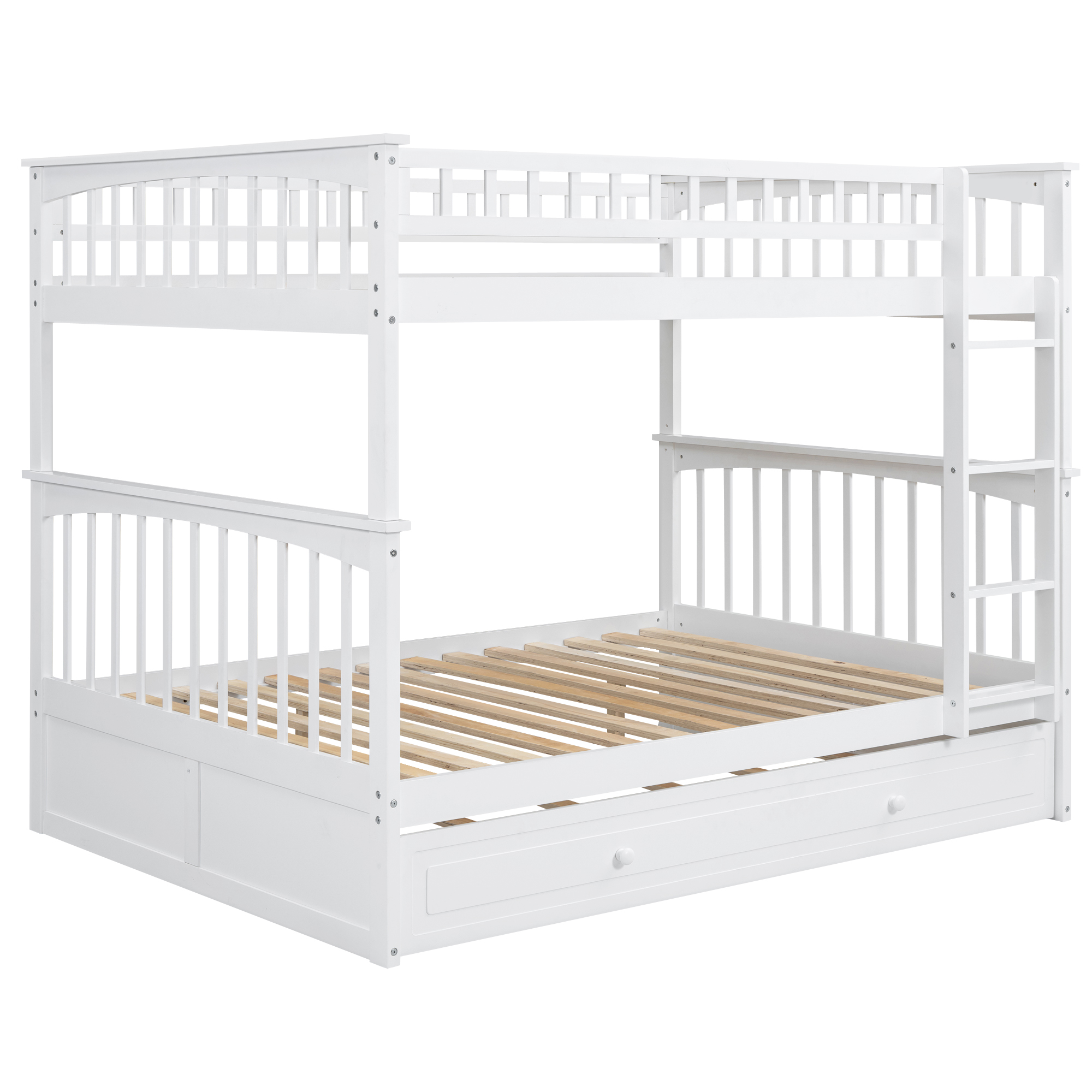 Full over Full Bunk Bed with Twin Size Trundle, Convertible Beds, White/Gray