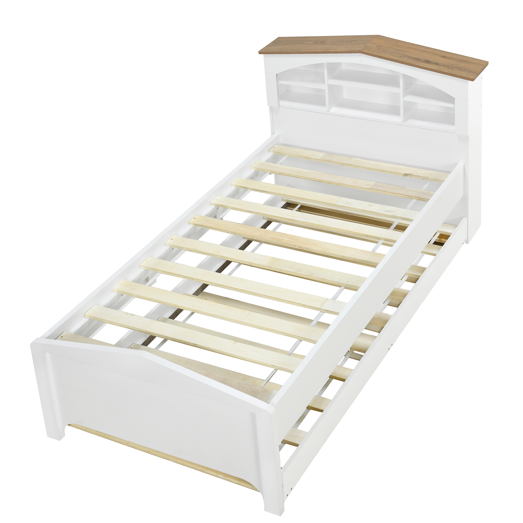 Twin Size Wood Platform Bed with House-shaped Storage Headboard and Trundle, White/Gray