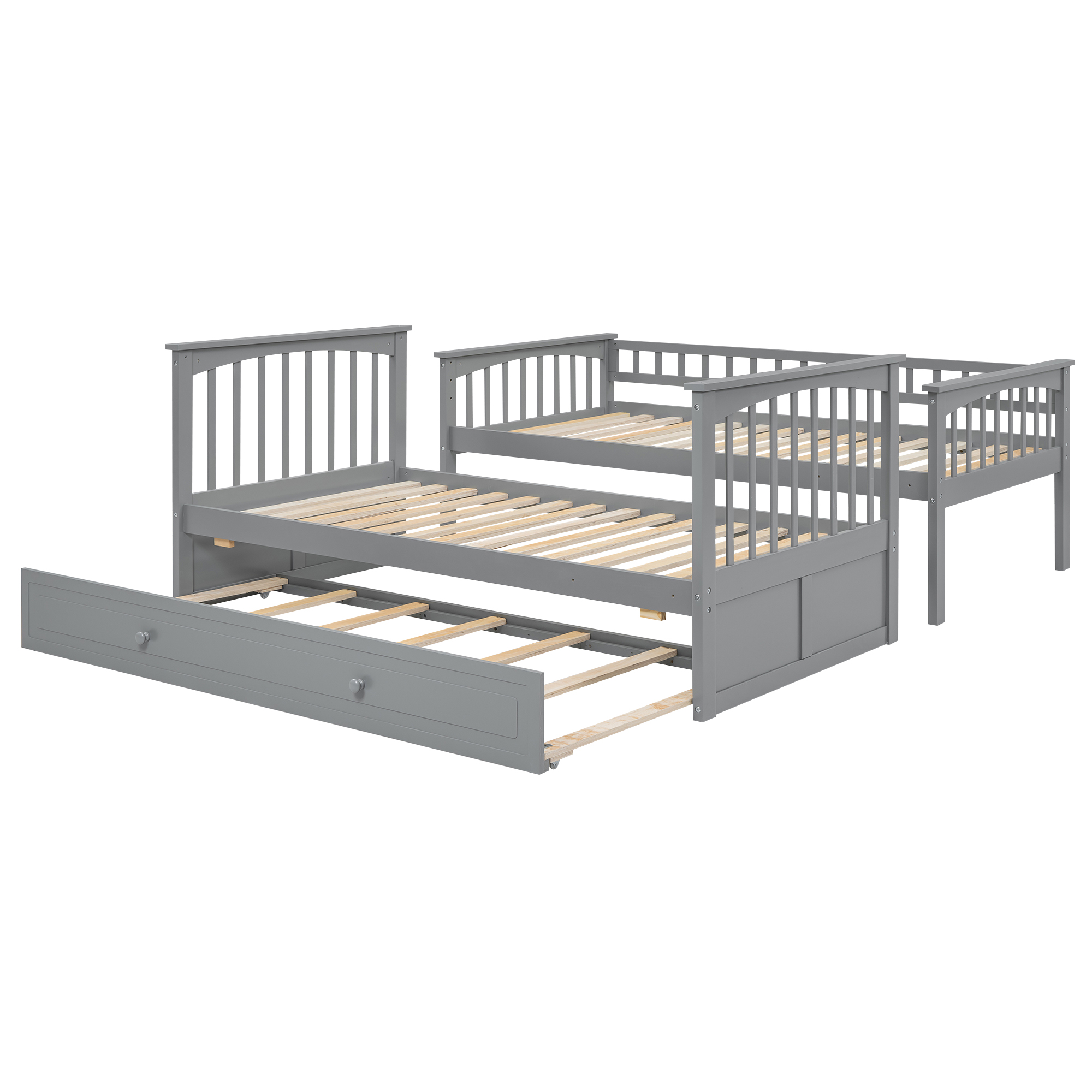 Twin over Twin Bunk Bed with Twin Size Trundle, Convertible Beds, Gray/White