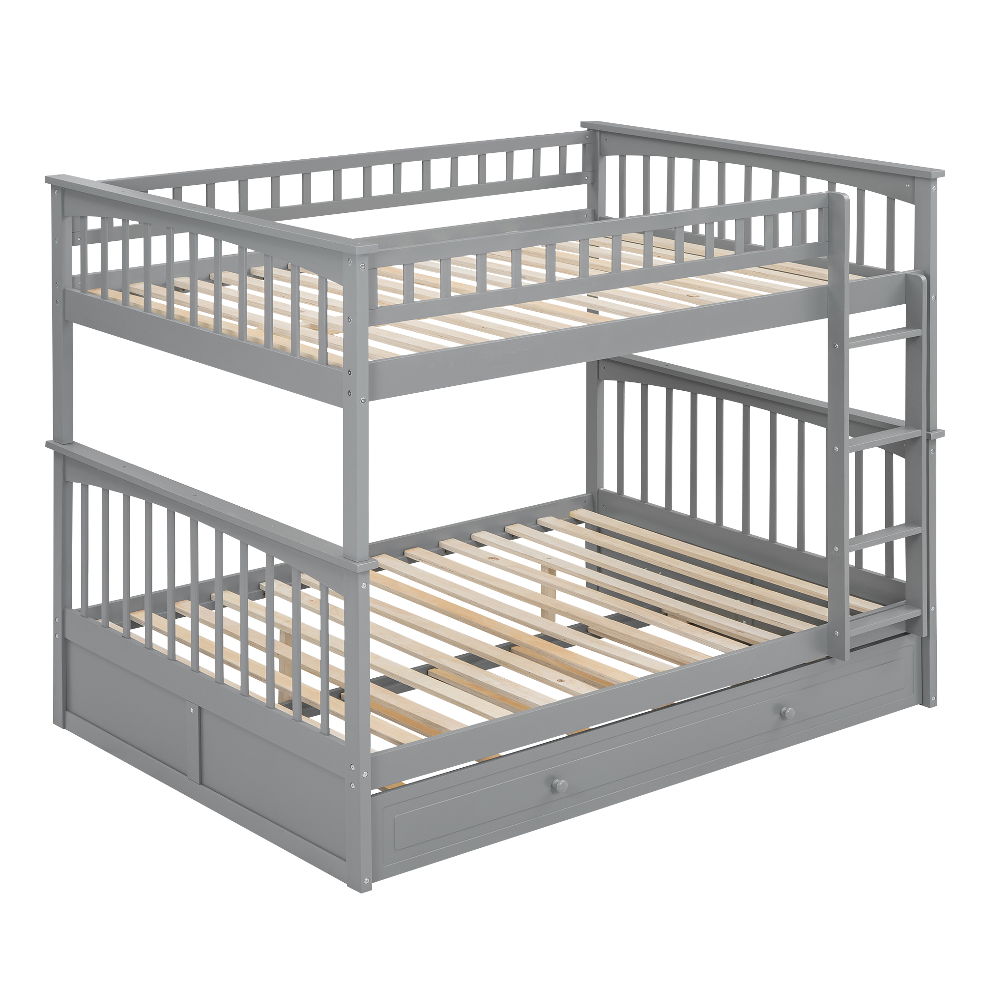 Full over Full Bunk Bed with Twin Size Trundle, Convertible Beds, White/Gray