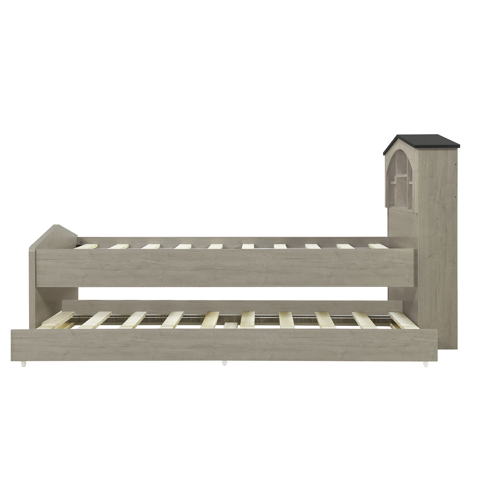 Twin Size Wood Platform Bed with House-shaped Storage Headboard and Trundle, White/Gray