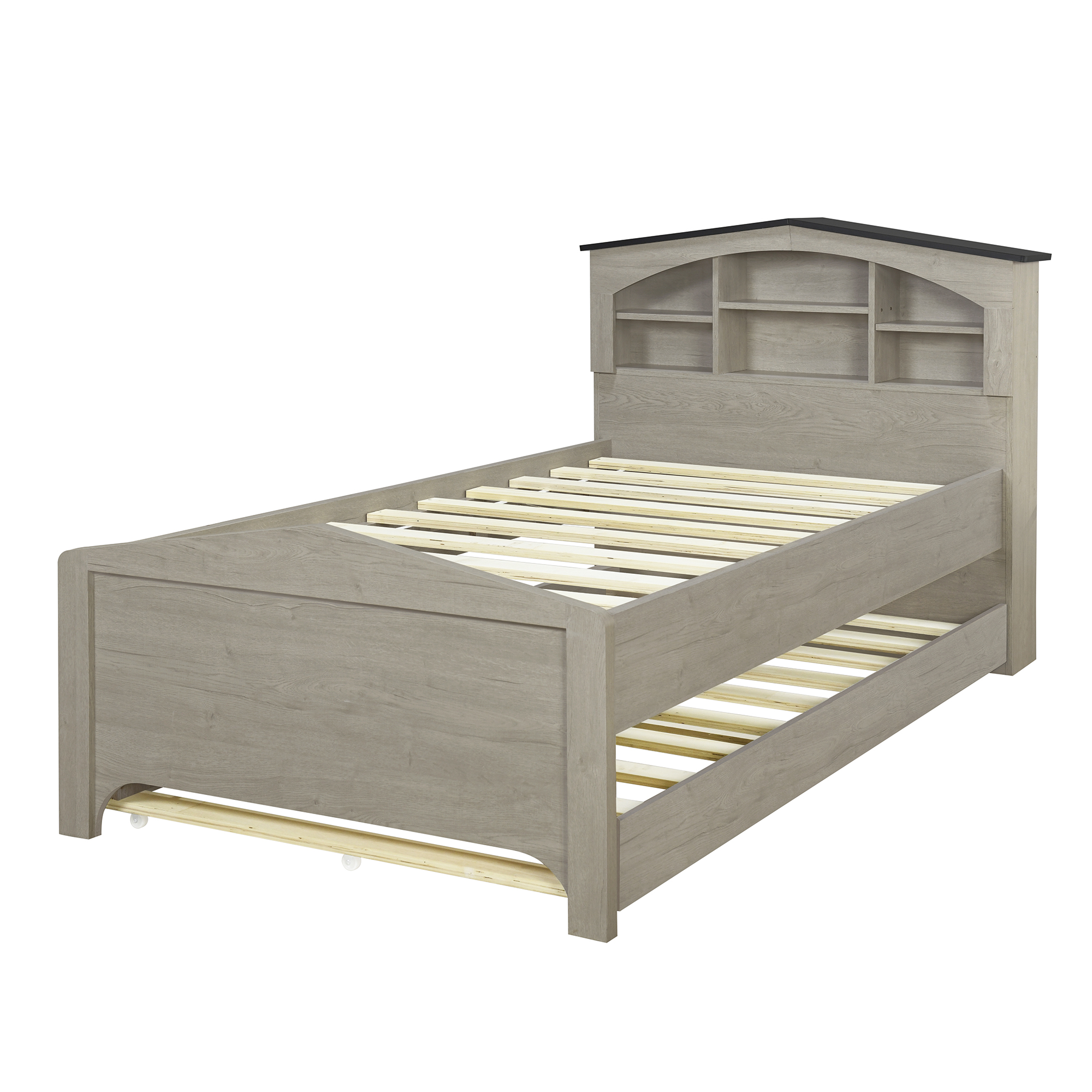 Twin Size Wood Platform Bed with House-shaped Storage Headboard and Trundle, White/Gray