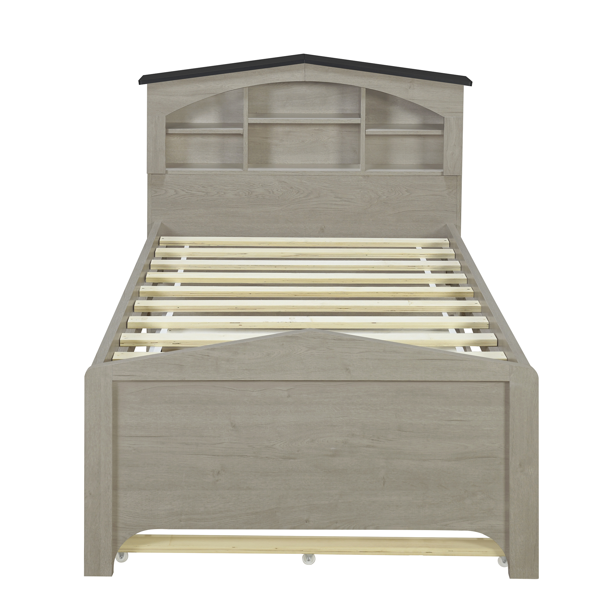 Twin Size Wood Platform Bed with House-shaped Storage Headboard and Trundle, White/Gray