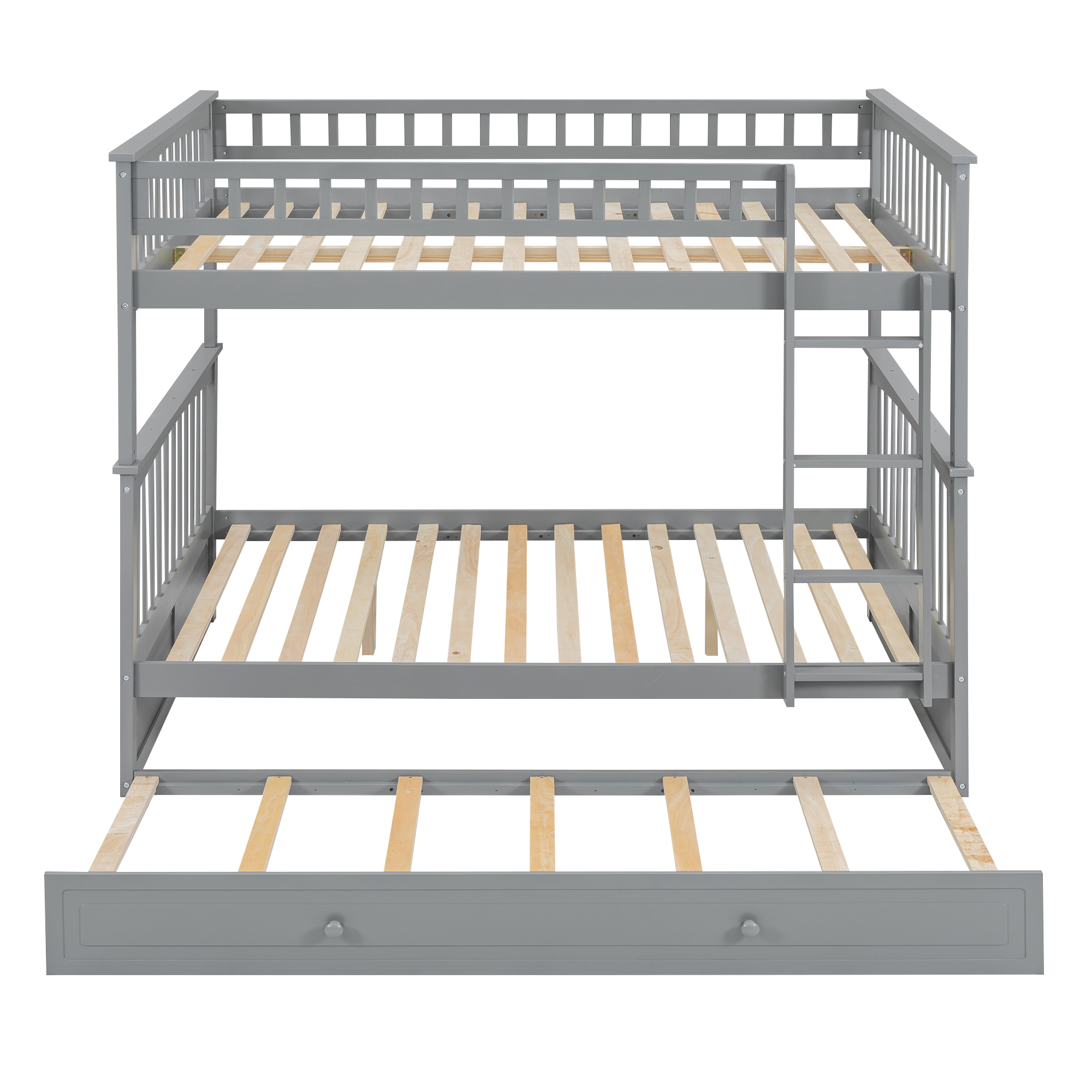 Full over Full Bunk Bed with Twin Size Trundle, Convertible Beds, White/Gray