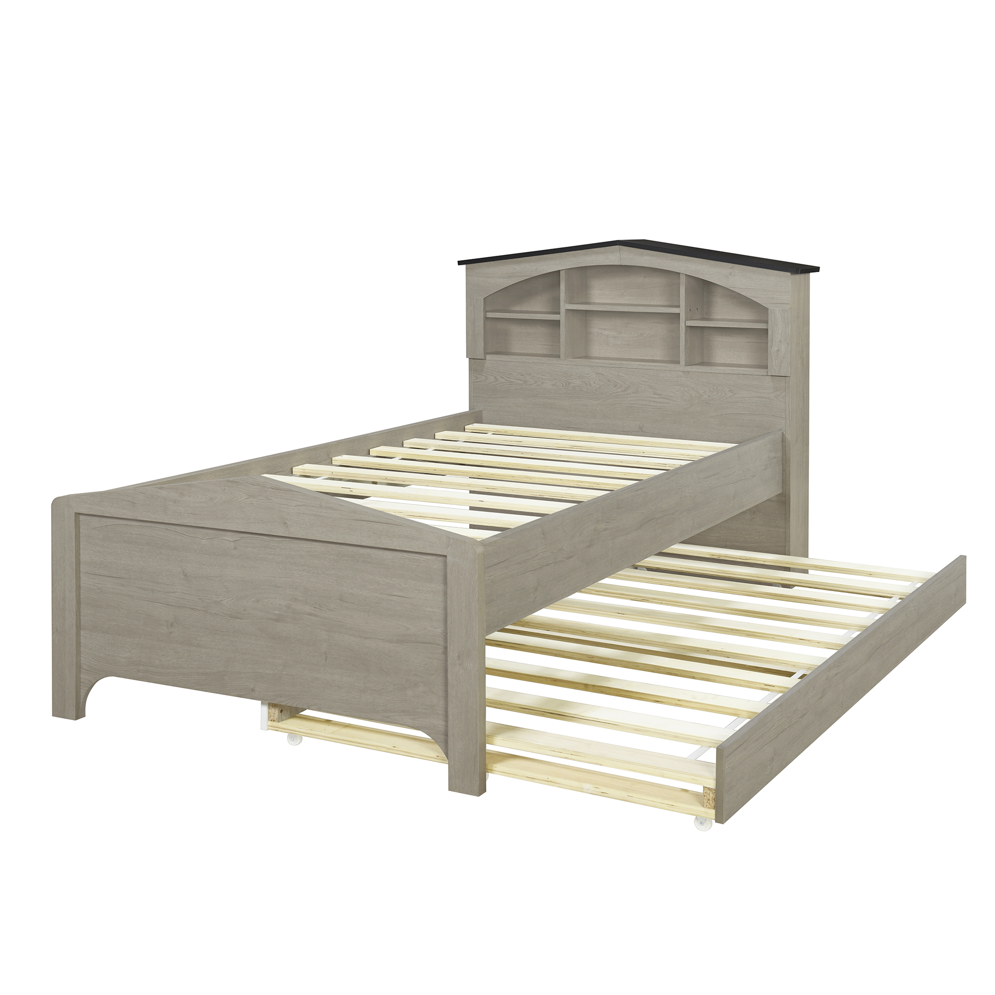 Twin Size Wood Platform Bed with House-shaped Storage Headboard and Trundle, White/Gray