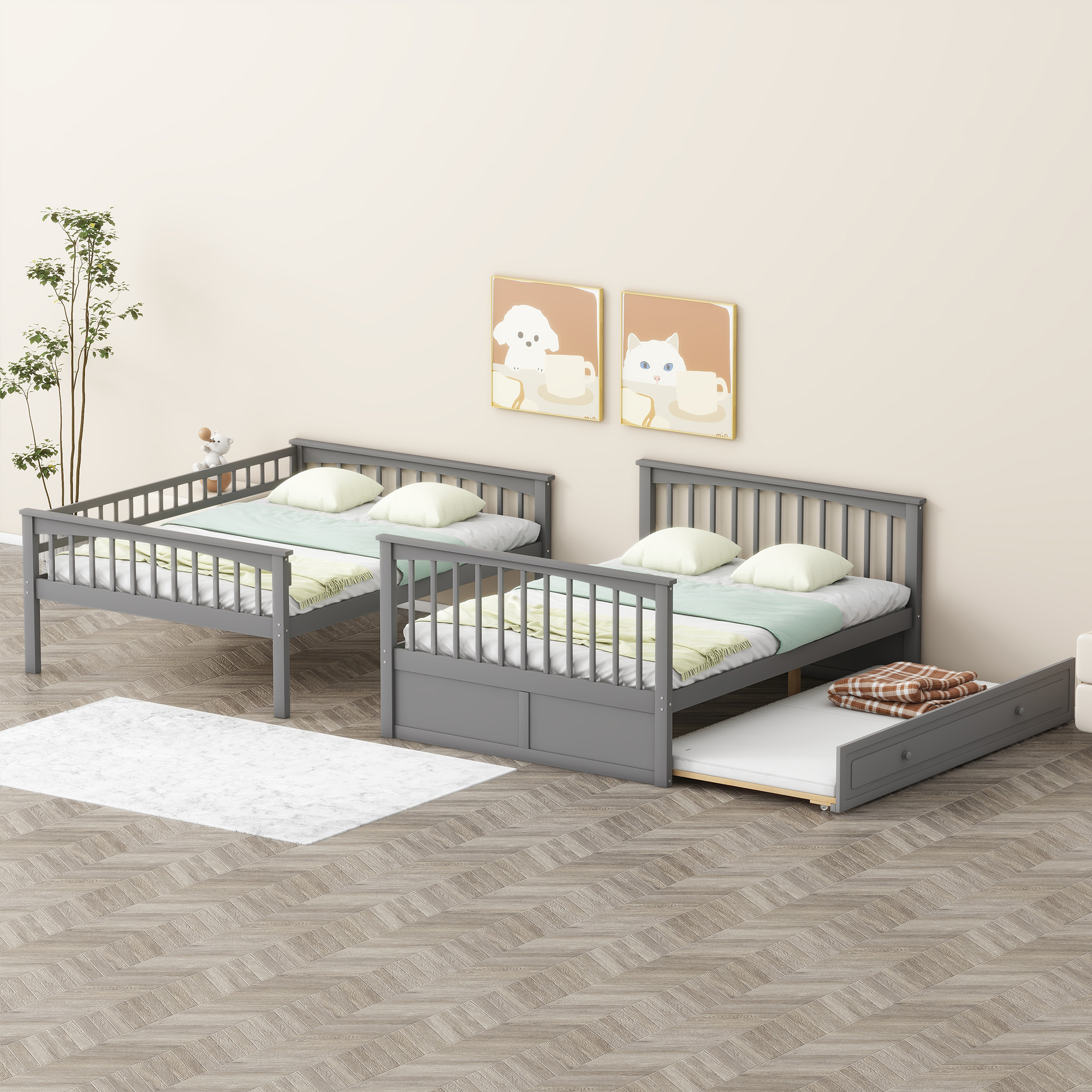 Full over Full Bunk Bed with Twin Size Trundle, Convertible Beds, White/Gray