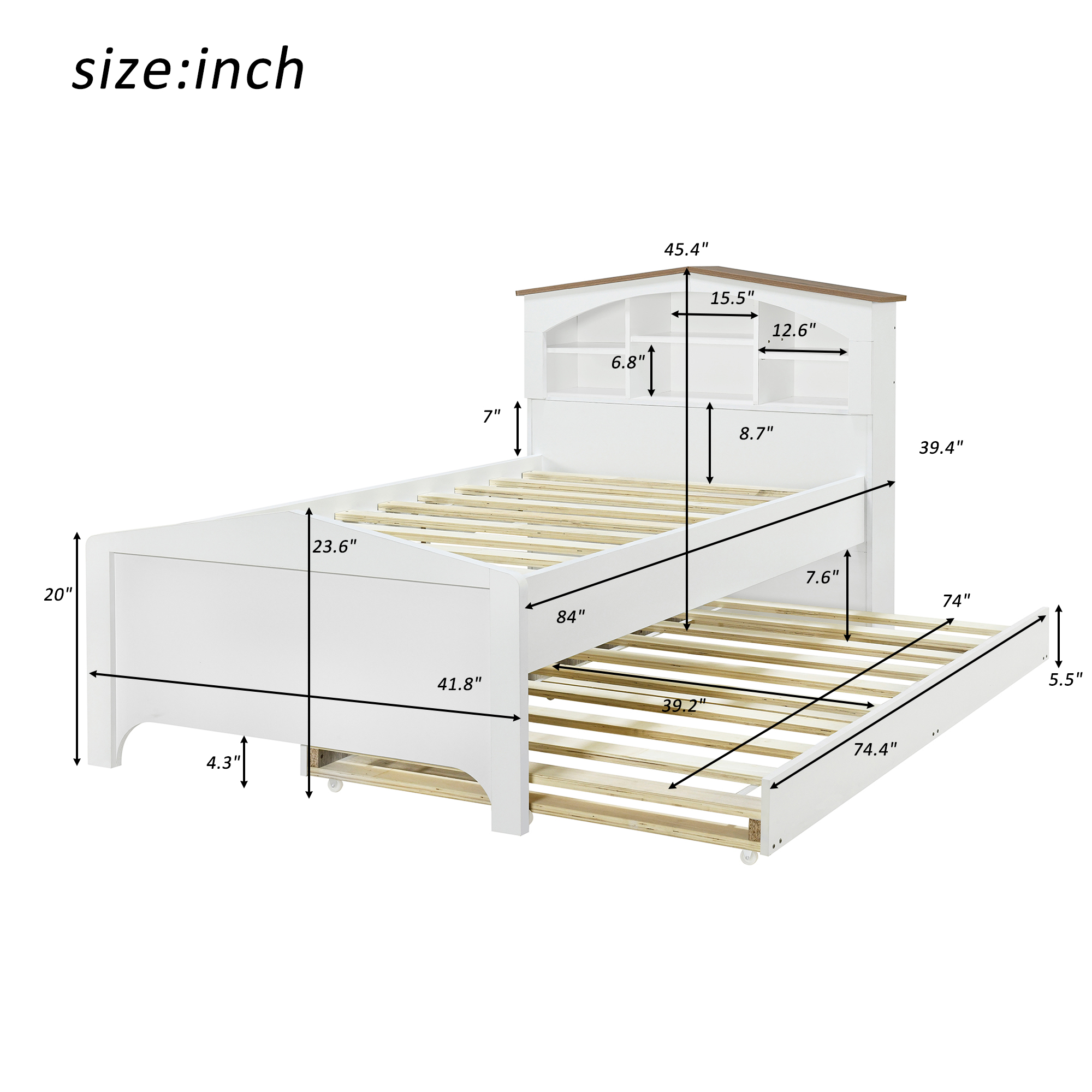 Twin Size Wood Platform Bed with House-shaped Storage Headboard and Trundle, White/Gray