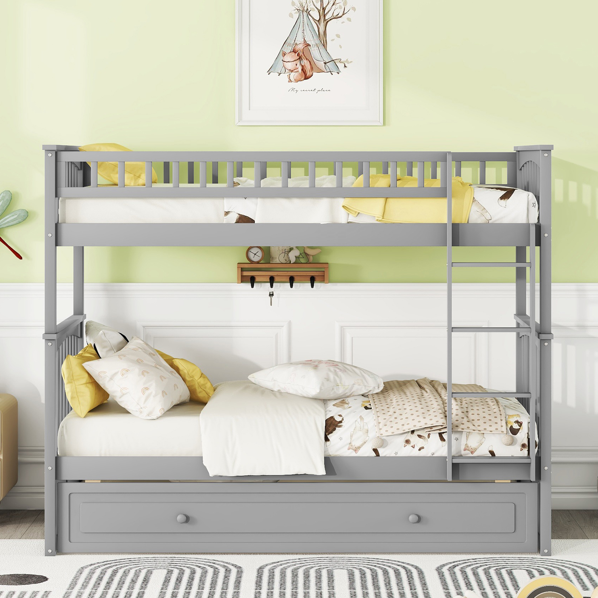 Twin over Twin Bunk Bed with Twin Size Trundle, Convertible Beds, Gray/White